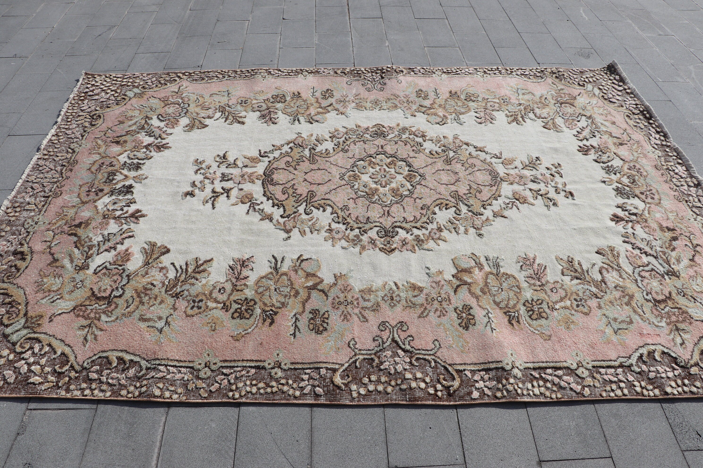 Vintage Halı, Oturma Odası Halısı, 6.4x9.3 ft Büyük Halı, Türk Halıları, Oushak Halısı, Yatak Odası Halıları, Yün Halısı, Pembe Yün Halısı, Yatak Odası Halısı