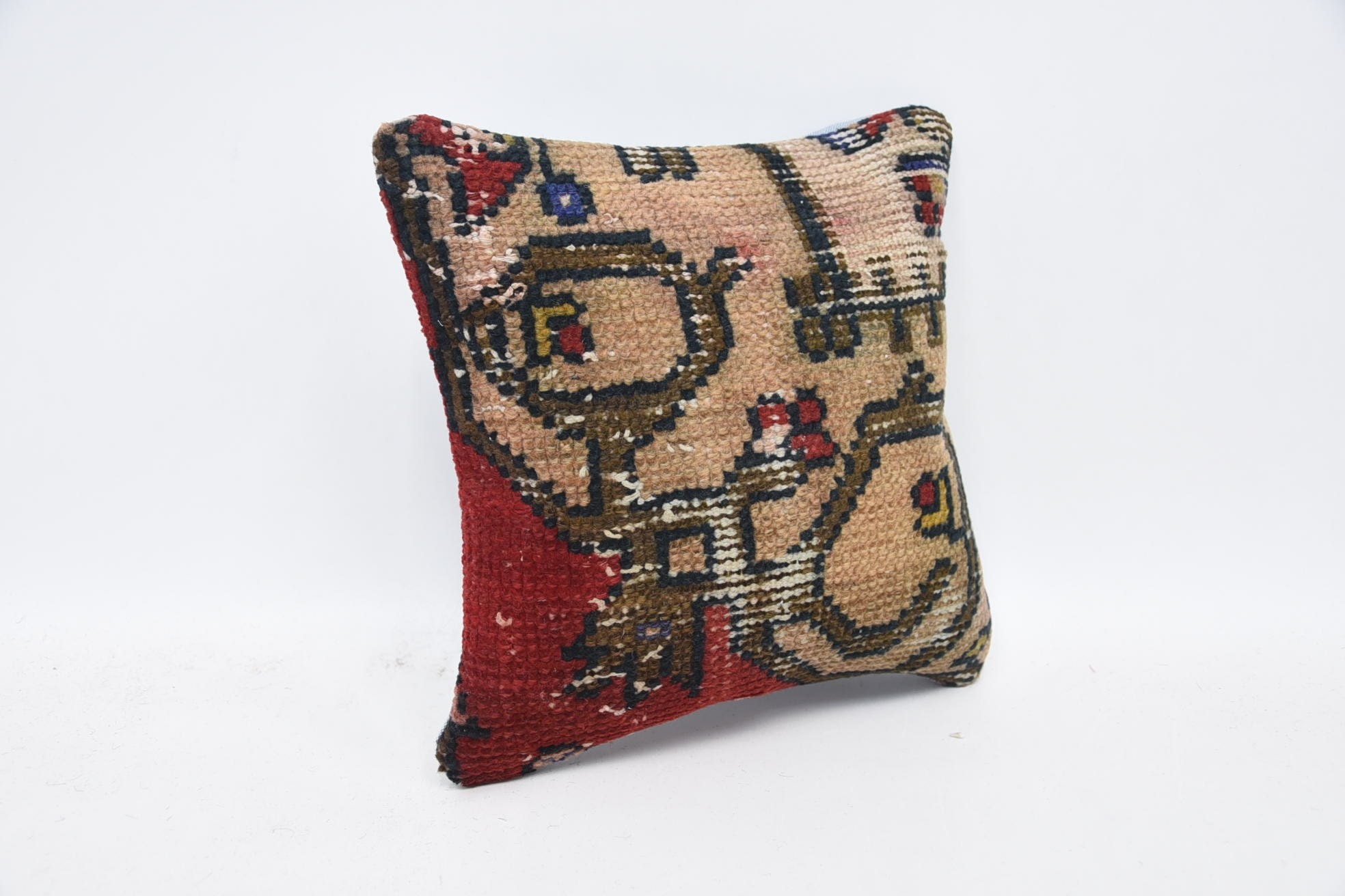 Antique Pillows, Boho Throw Pillow Sham, 12"x12" Red Cushion, Pillow for Sofa, Handmade Cushion, Vintage Kilim Pillow