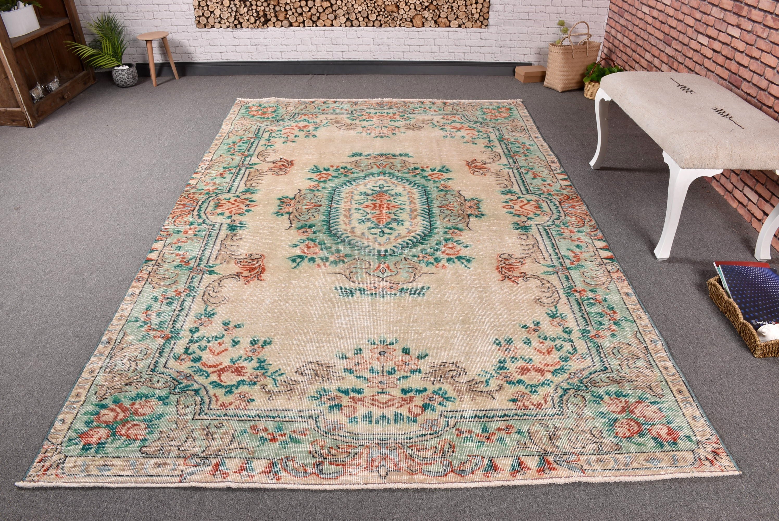 Vintage Halı, Bej Geometrik Halılar, Oushak Halılar, Büyük Oushak Halı, Salon Halıları, Türk Halıları, 5.8x9.1 ft Büyük Halı, Aztek Halısı, Boho Halıları