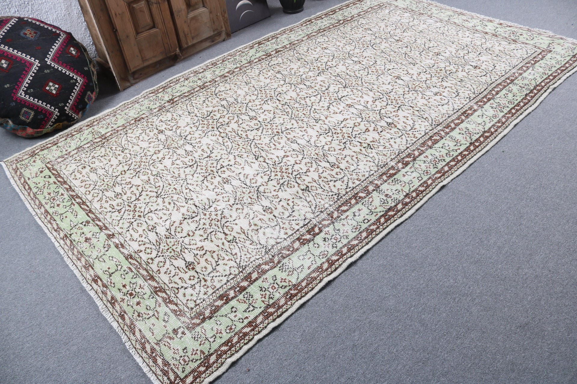 Yeşil Boho Halılar, Büyük Oushak Halılar, 5.7x9.6 ft Büyük Halılar, Türk Halıları, Oushak Halılar, El Dokuma Halı, Vintage Halılar, Büyük Boho Halılar