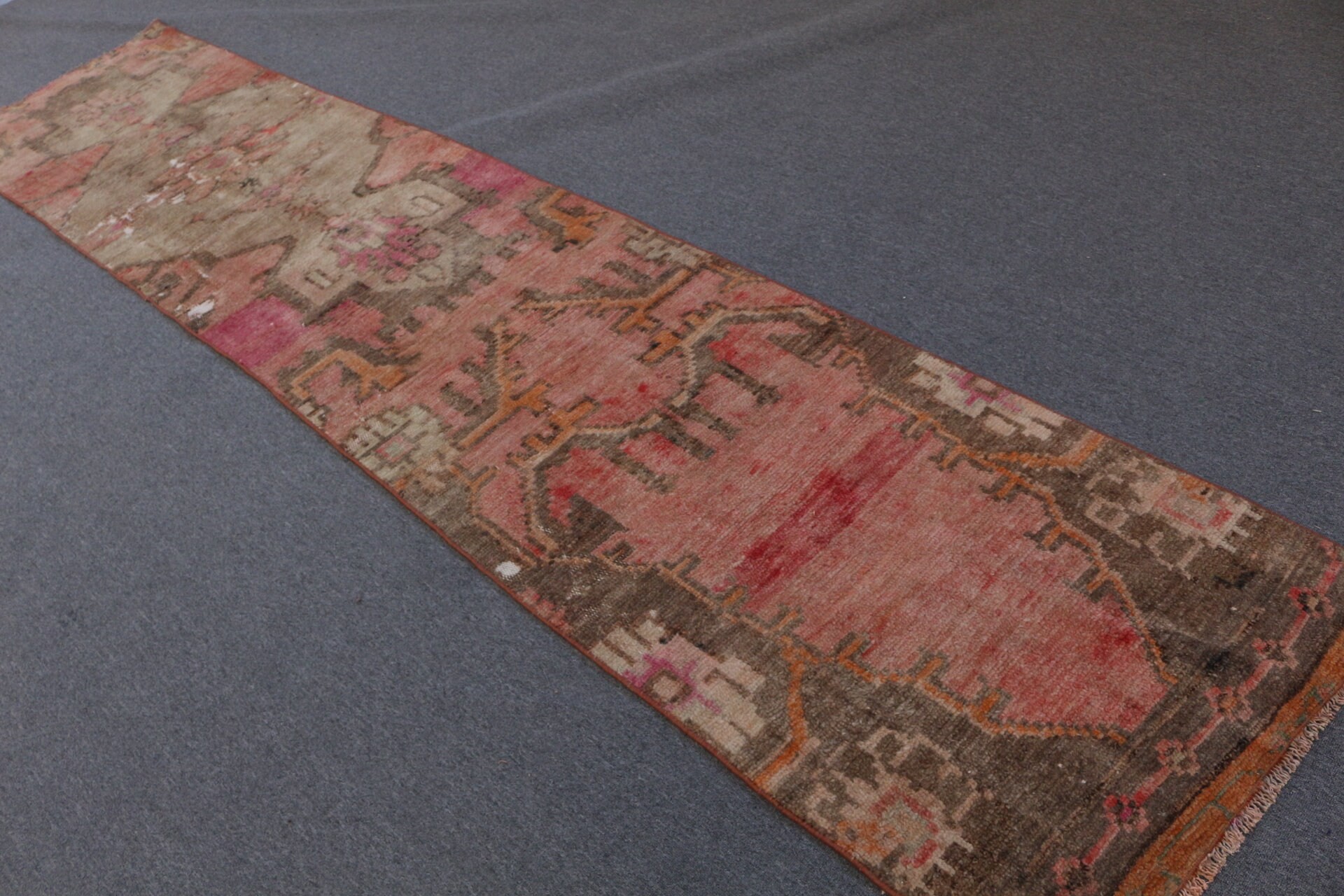 Vintage Rug, 2.5x11.6 ft Runner Rug, Oriental Rug, Office Rugs, Corridor Rug, Brown Oriental Rugs, Stair Rug, Turkish Rugs