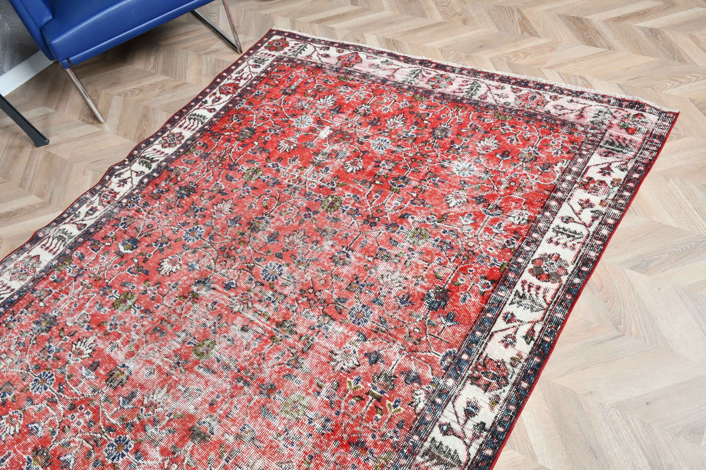 Kırmızı Yün Halı, Oturma Odası Halıları, Vintage Halı, 5.4x9.2 ft Büyük Halı, Salon Halısı, Türk Halıları, Yün Halı, Oturma Odası Halısı, Yatak Odası Halısı