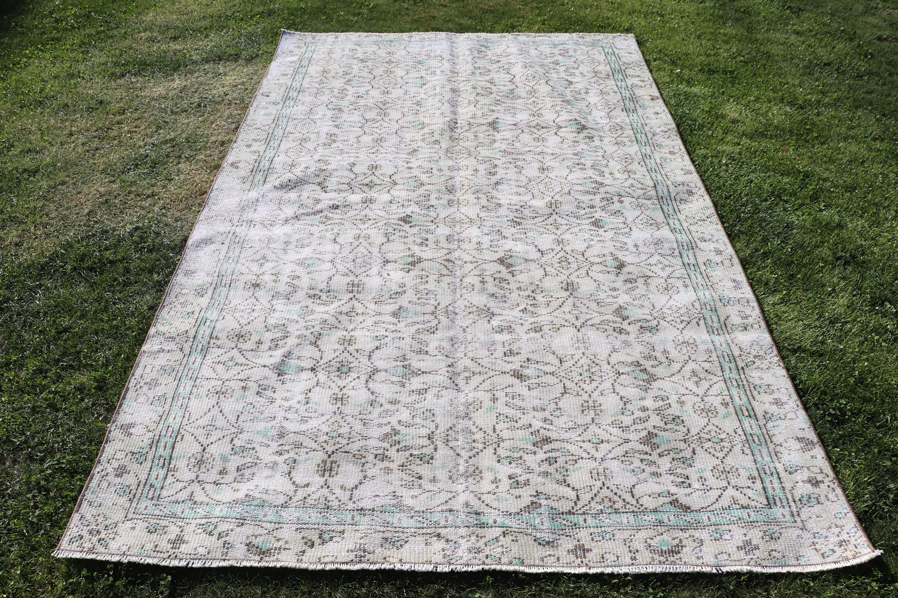 Vintage Halılar, Türk Halısı, Yeşil Oushak Halısı, Yatak Odası Halısı, Yemek Odası Halıları, Salon Halıları, 5.3x8.4 ft Büyük Halı, Yün Halı, Geometrik Halılar