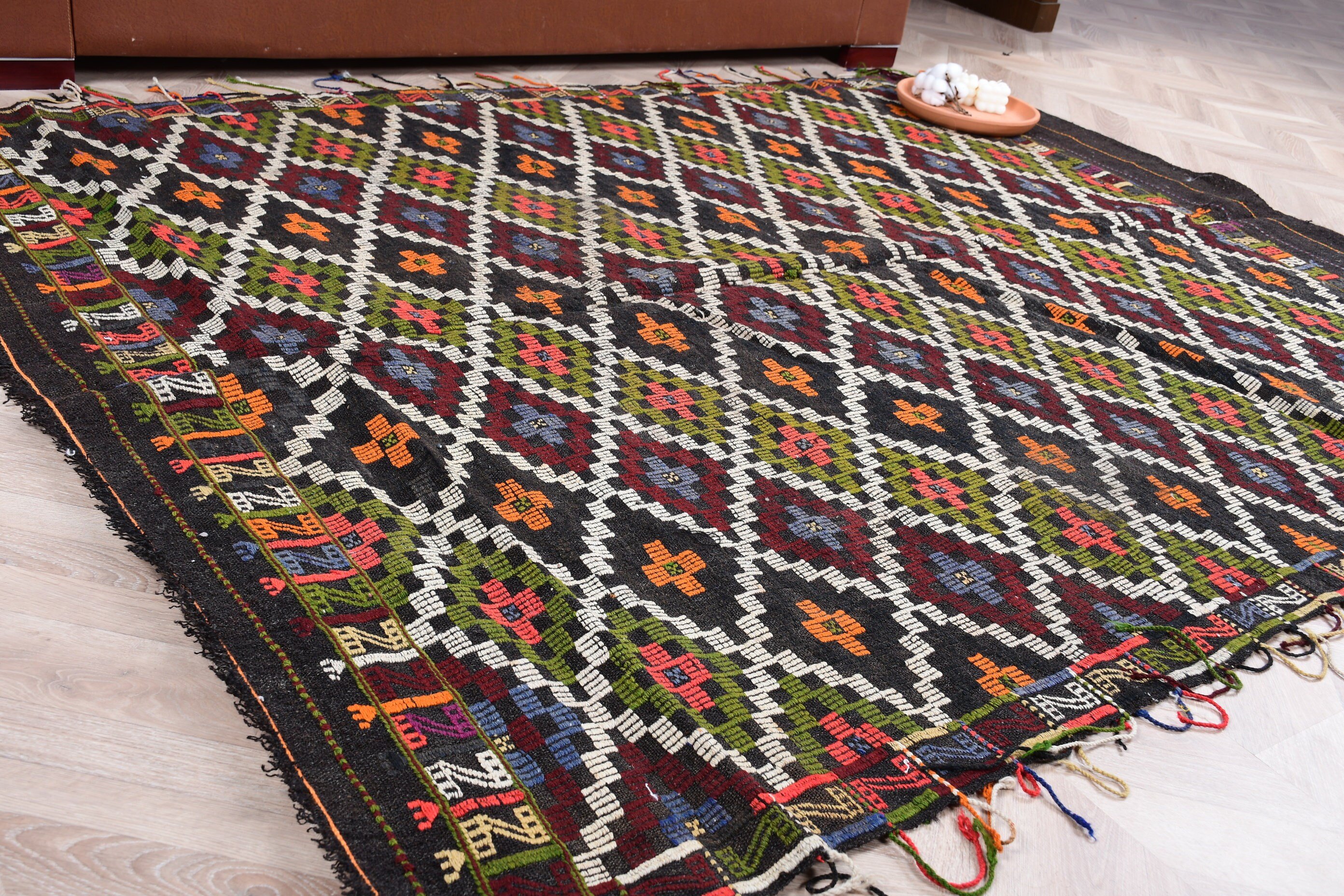 Kilim, Yemek Odası Halıları, Vintage Halı, Anadolu Halısı, Siyah Soğuk Halılar, Soğuk Halı, Türk Halısı, Göçebe Halısı, 5,7x7,4 ft Büyük Halı, Yatak Odası Halısı