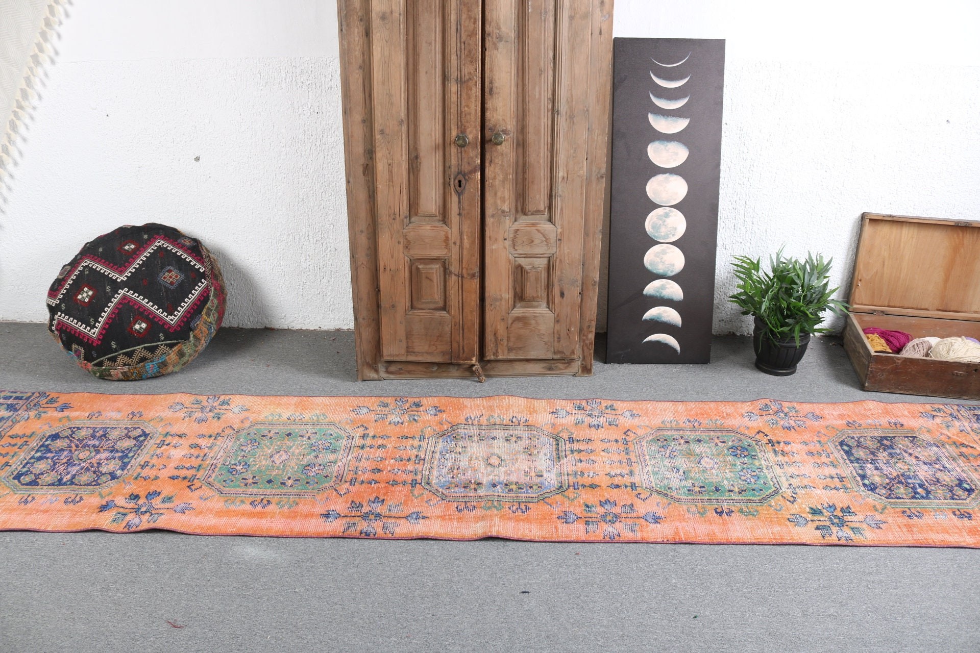 Vintage Rugs, Long Runner Rugs, Turkish Rug, Kitchen Rugs, Geometric Rug, Handwoven Rugs, Orange Statement Rugs, 2.6x11.8 ft Runner Rug