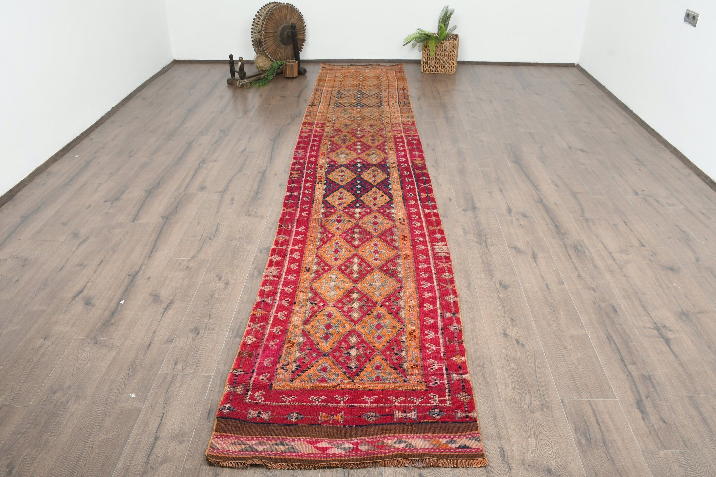 Düz Dokuma Halı, 2,6x14,2 ft Yolluk Halı, Vintage Halı, Havalı Halı, Oryantal Halı, Türk Halıları, Mutfak Halıları, Pembe Yün Halı, Koridor Halıları