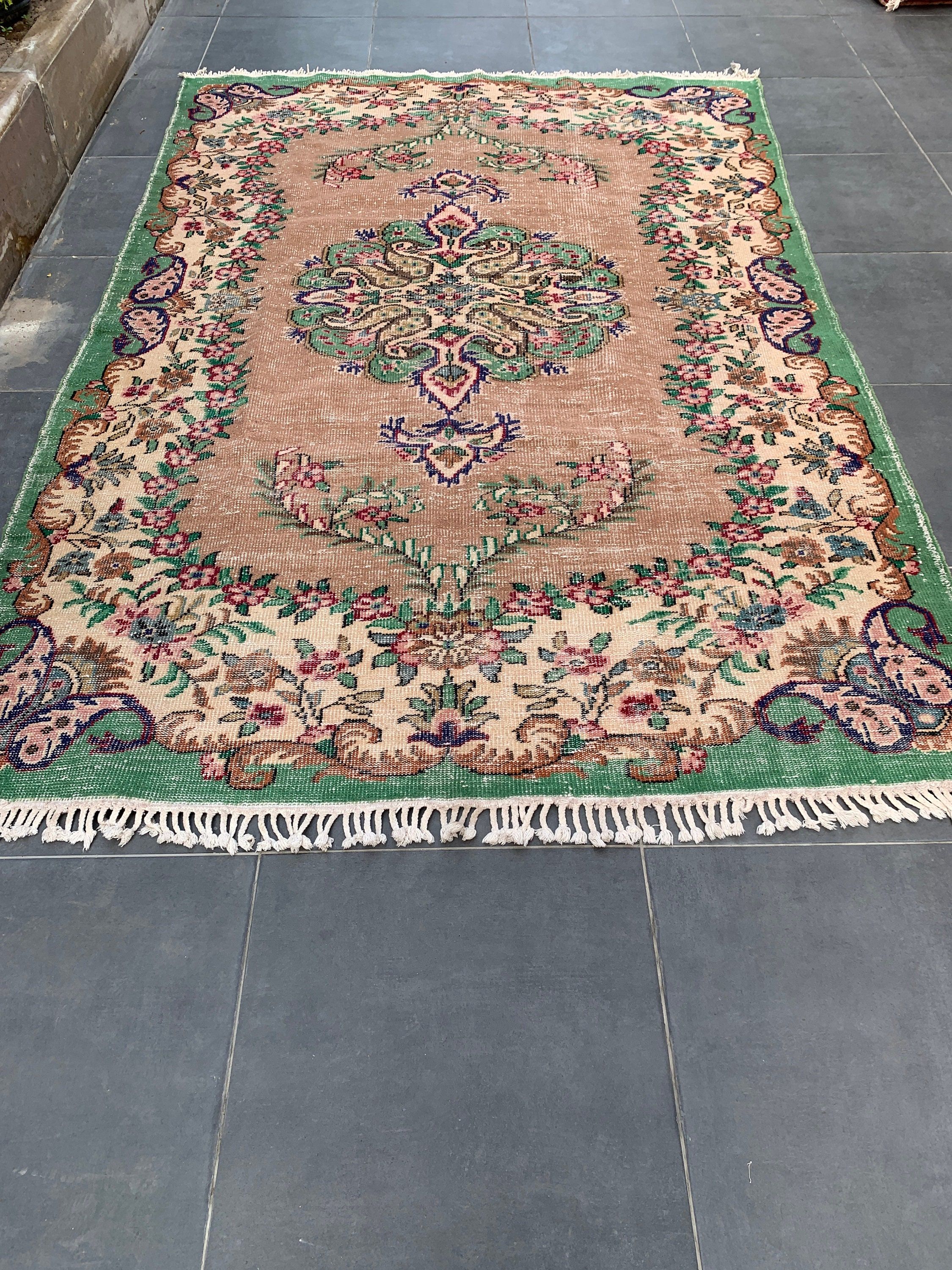 Mutfak Halıları, Vintage Halı, Türk Halısı, Bej Anadolu Halısı, Yemek Odası Halıları, 6.5x9.5 ft Büyük Halı, Salon Halısı, Oryantal Halı, Parlak Halılar