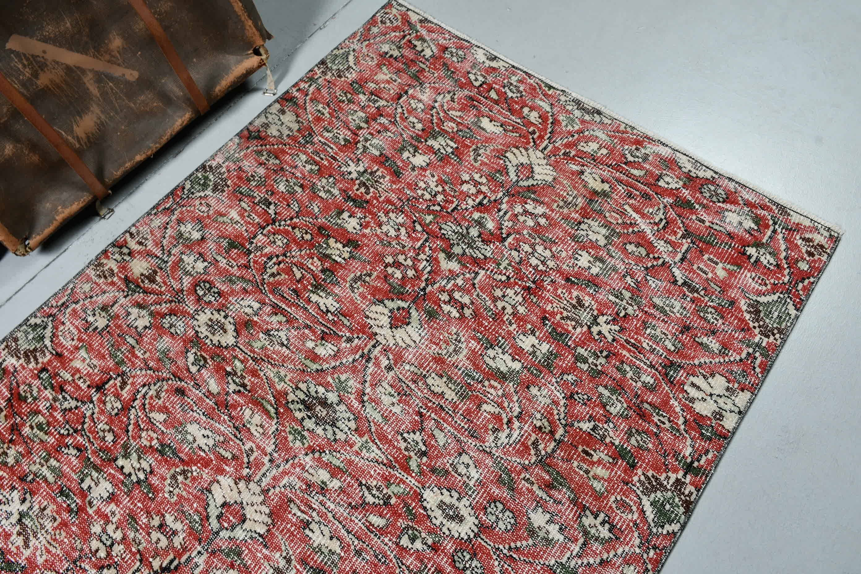 Türk Halısı, 4x7,1 ft Alan Kilimi, Yemek Odası Halısı, Vintage Halı, Kırmızı Yün Halı, Oturma Odası Halısı, Alan Halıları, Fas Halısı