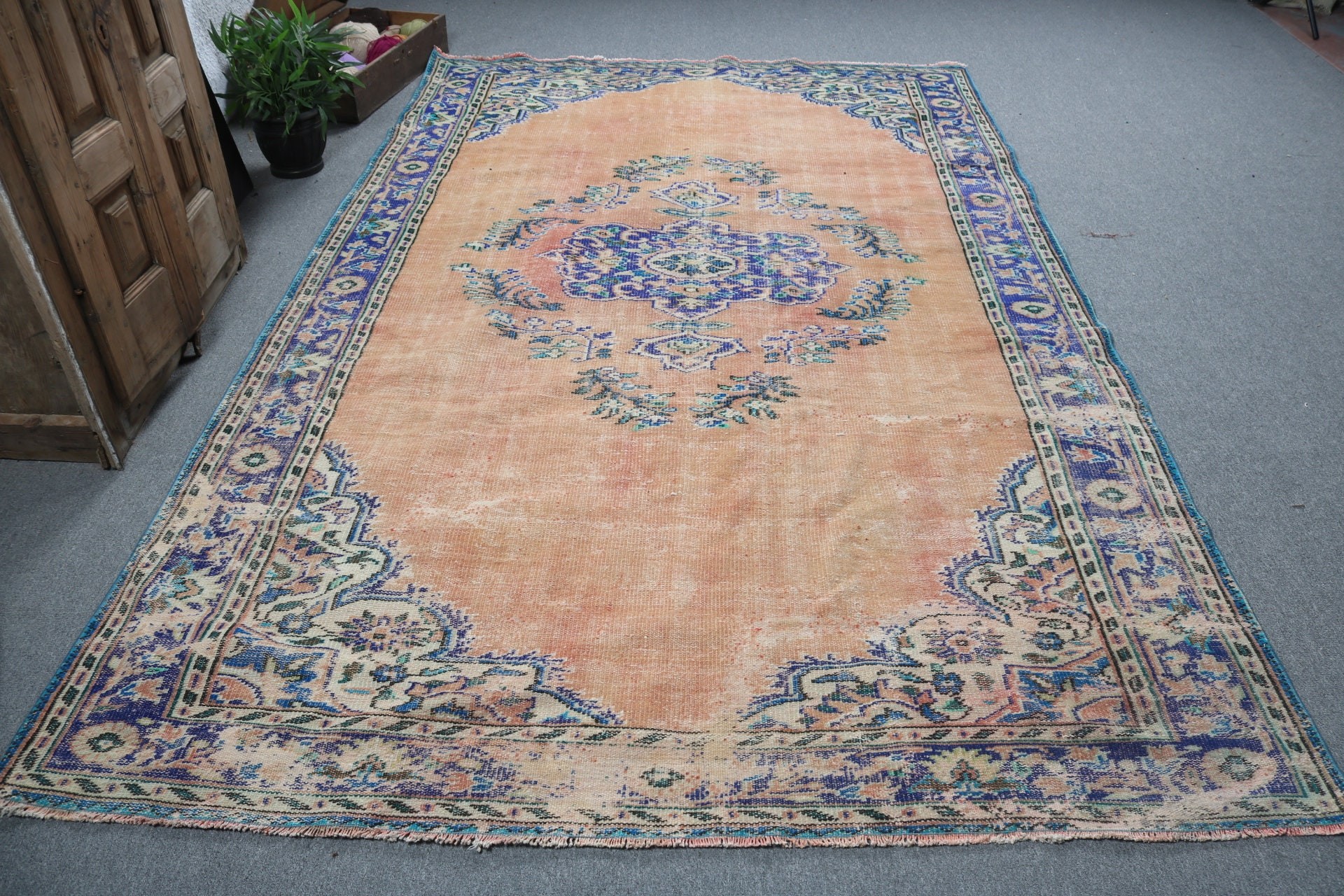 Büyük Vintage Halılar, Türk Halıları, Oushak Halısı, Boho Halısı, Oryantal Halısı, 6,5x10,2 ft Büyük Halısı, Turuncu Soğuk Halısı, Yatak Odası Halısı, Vintage Halısı