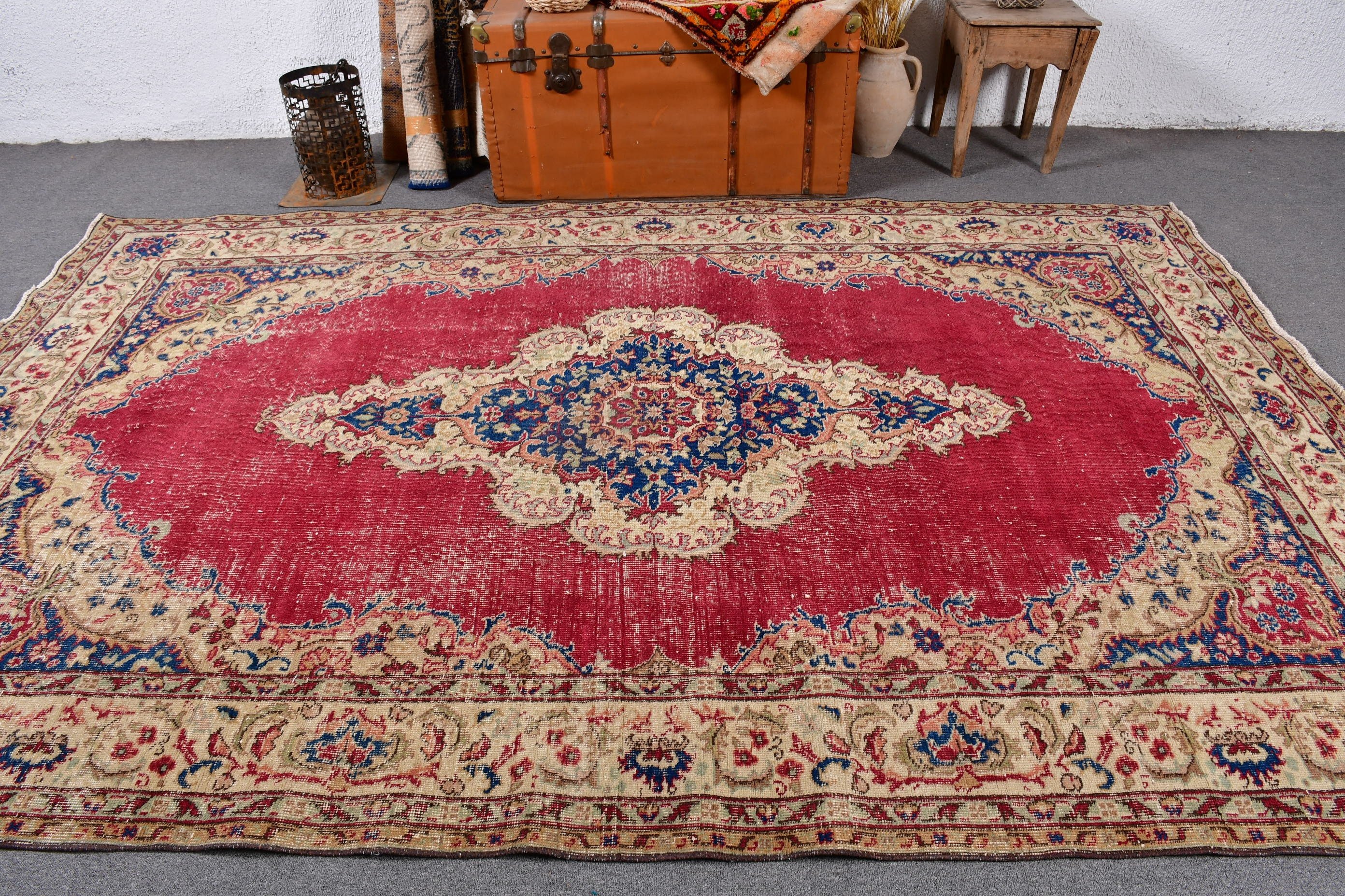 6.4x9.9 ft Büyük Halı, Geometrik Halı, Yatak Odası Halıları, Yemek Odası Halıları, Ev Dekorasyonu Halıları, Vintage Halılar, Kırmızı Yer Halıları, Lüks Halılar, Türk Halıları