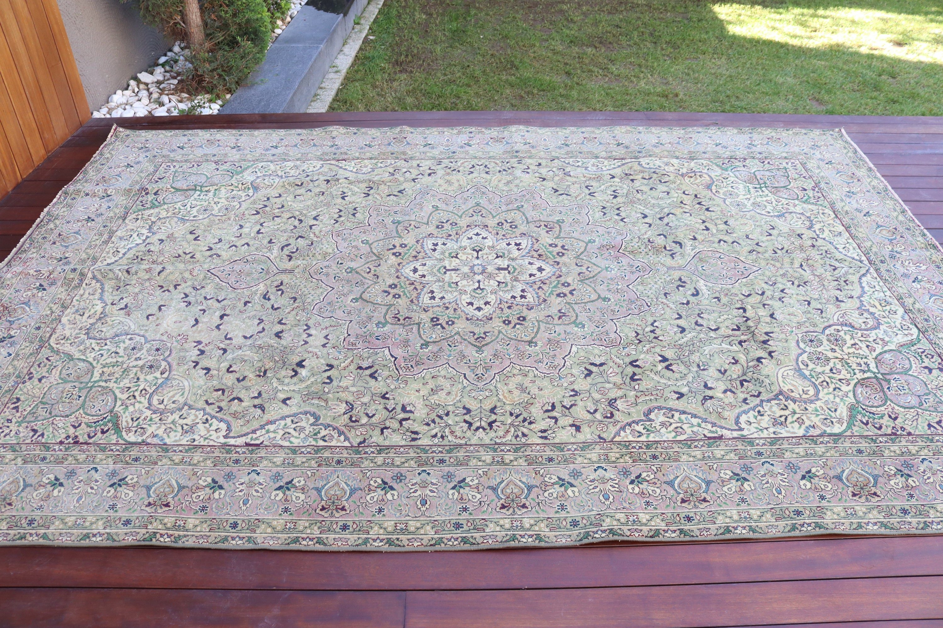 Büyük Boho Halısı, Türk Halısı, Büyük Oushak Halısı, Aztek Halısı, Soğuk Halı, El Dokuma Halıları, Vintage Halılar, Yeşil Nötr Halılar, 6,5x9,8 ft Büyük Halılar