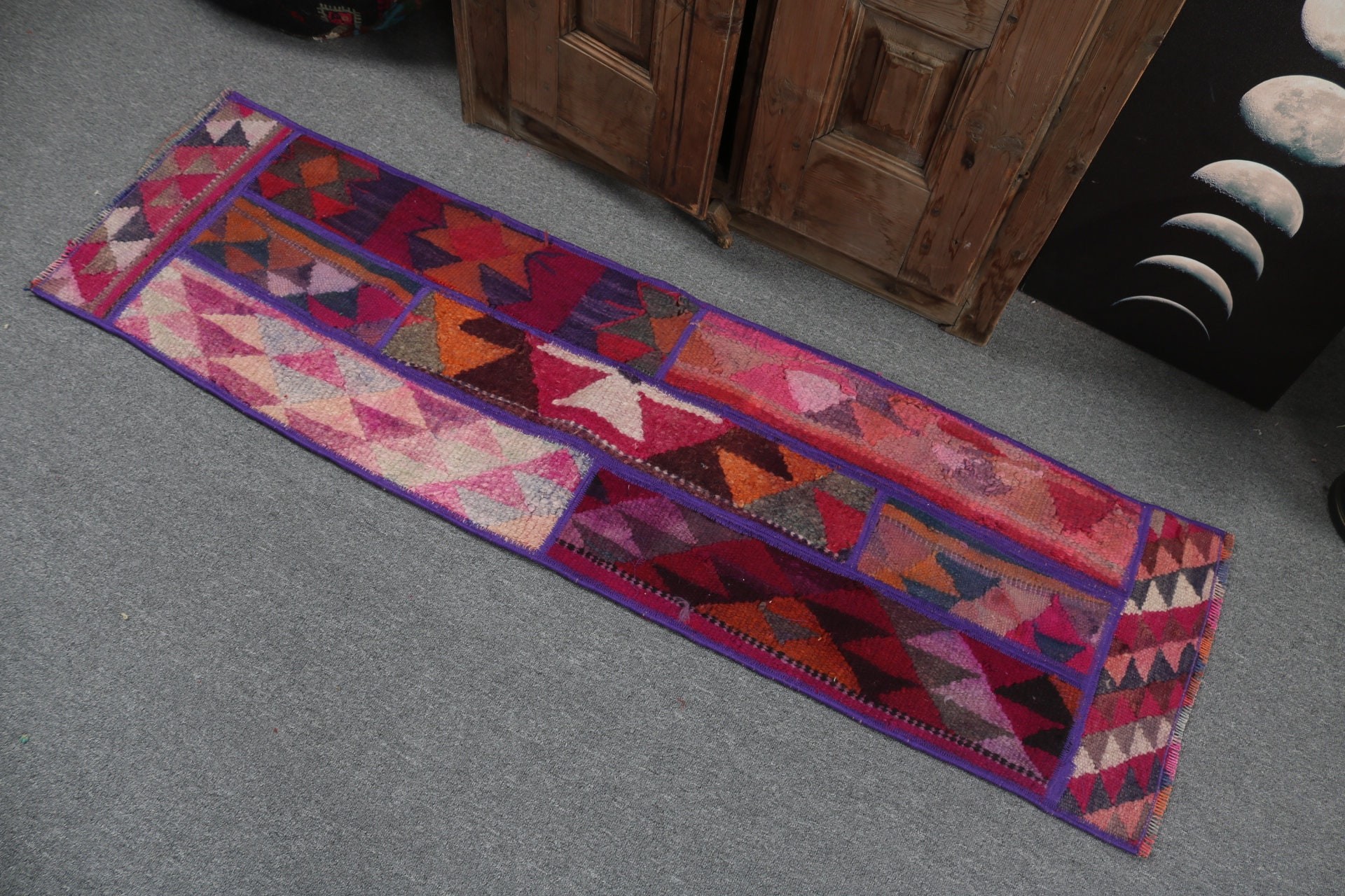 1.4x5.2 ft Runner Rugs, Purple Oushak Rugs, Vintage Rug, Long Runner Rug, Cool Rugs, Rugs for Vintage Runner, Turkish Rugs, Geometric Rugs