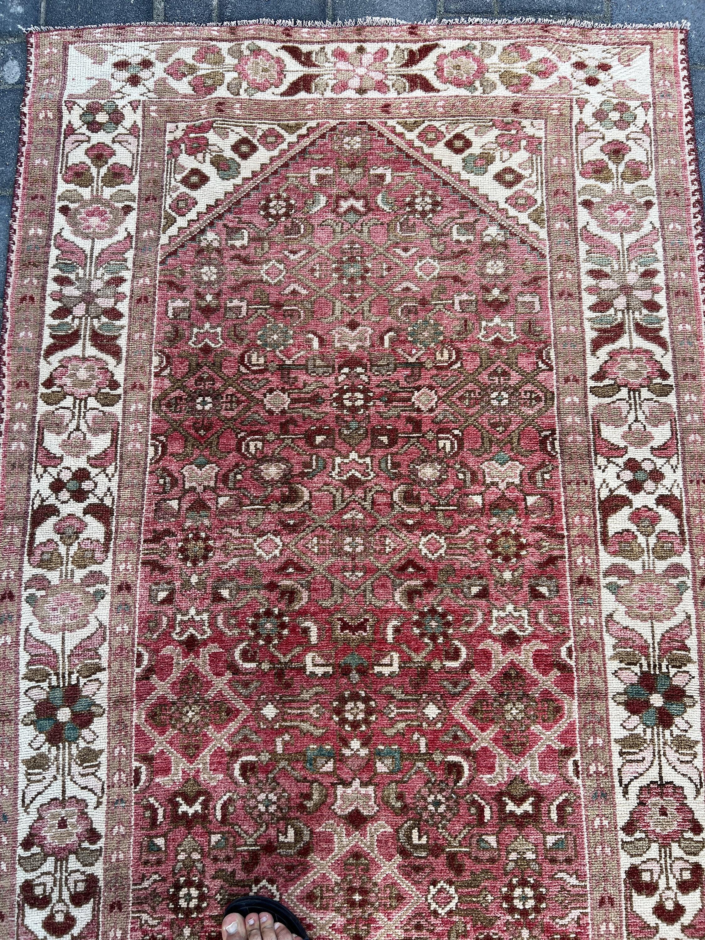 Pink Wool Rug, Bohemian Rug, Rugs for Kitchen, Corridor Rugs, Kitchen Rug, 3.7x10.6 ft Runner Rug, Vintage Rugs, Turkish Rug