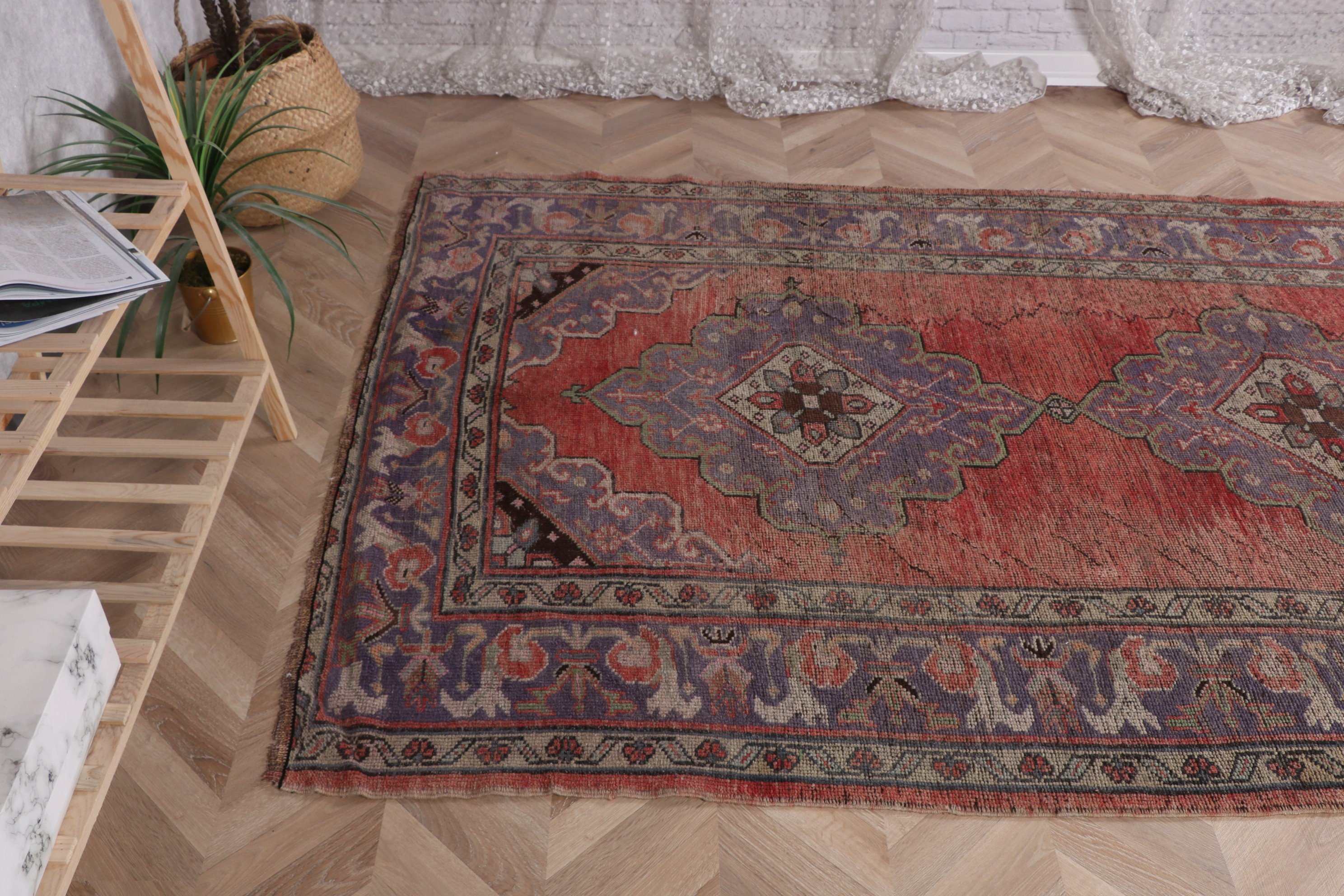 Vintage Halılar, Ev Dekorasyonu Halıları, Büyük Oushak Halıları, Geometrik Halılar, 4.7x10.2 ft Büyük Halı, Türk Halıları, Kahverengi Geometrik Halılar, Organik Halılar