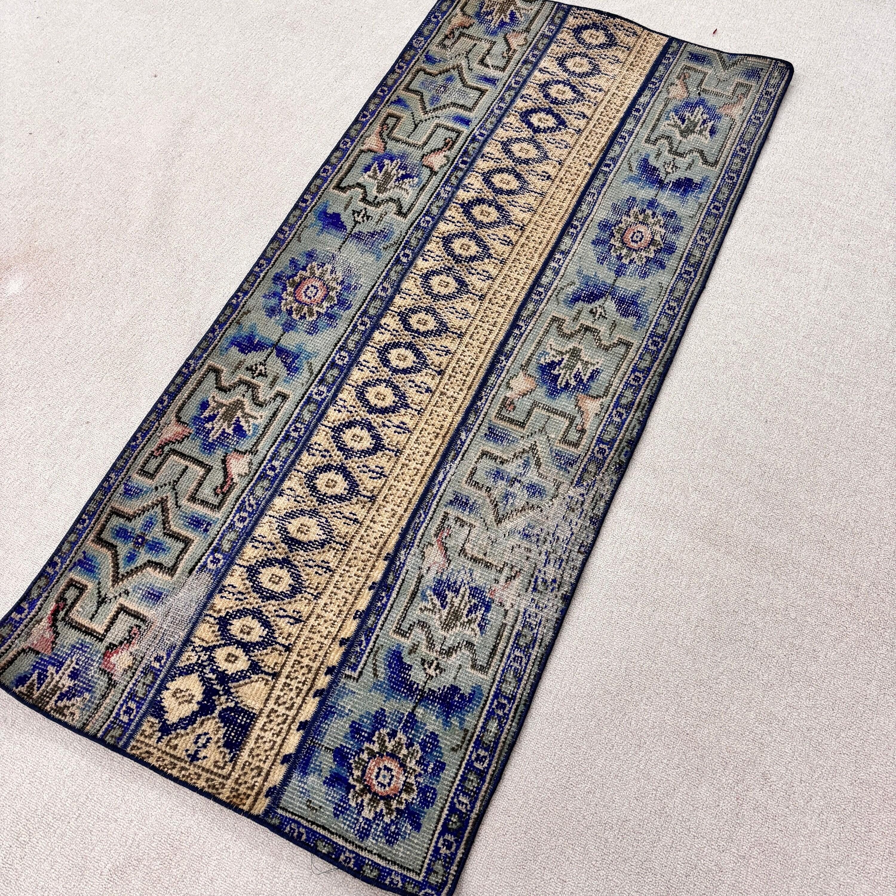 Vintage Halılar, Küçük Vintage Halılar, Türk Halıları, Aztek Halısı, Mavi Antika Halı, Küçük Alan Halısı, Yatak Odası Halısı, 2.3x5.2 ft Küçük Halı, Boho Halıları