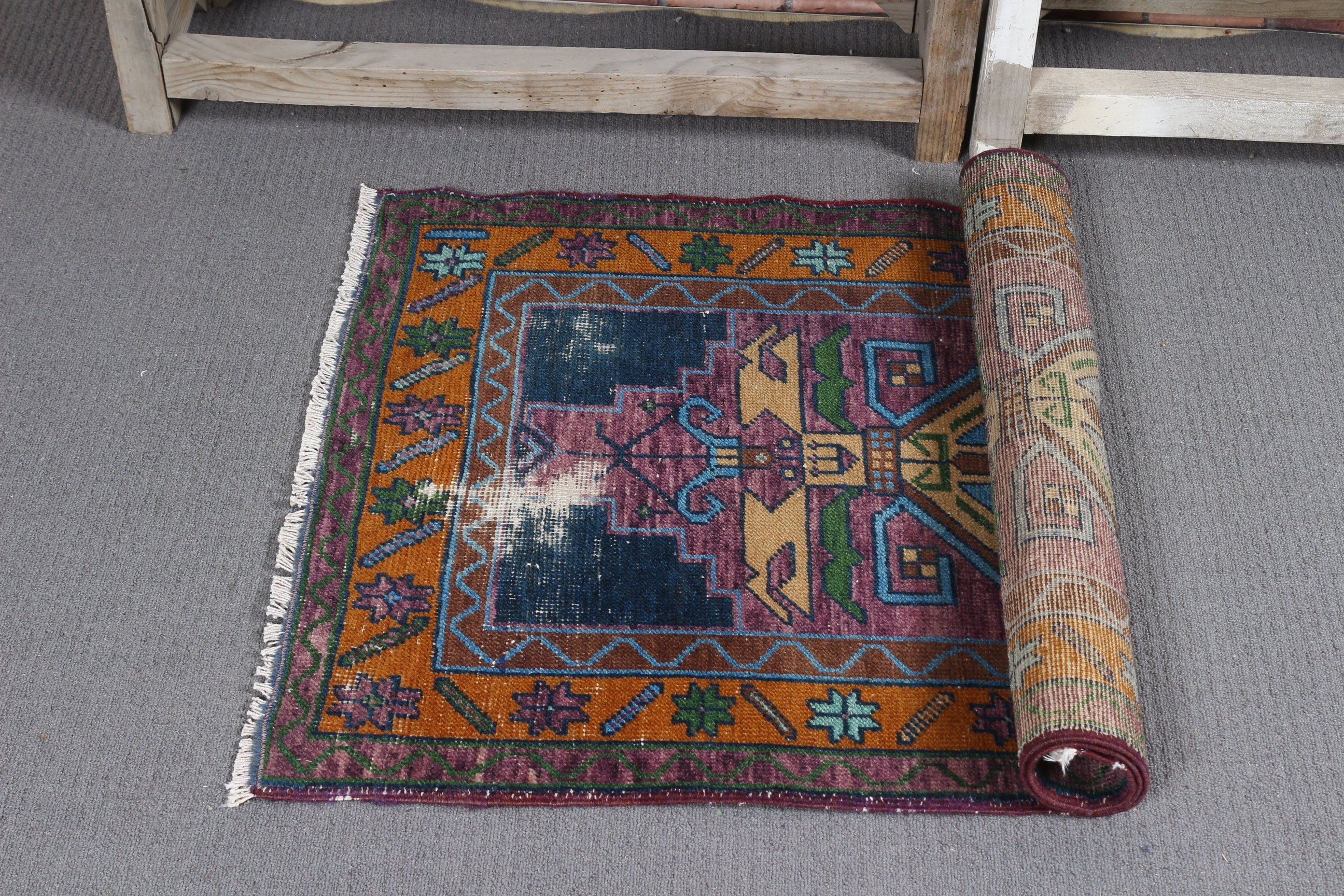 2,3x3,9 ft Küçük Halılar, Oushak Halısı, Vintage Halı, Fas Halısı, Mor Yün Halısı, Türk Halıları, Mutfak Halıları, Duvara Asılı Halılar, Kabile Halıları