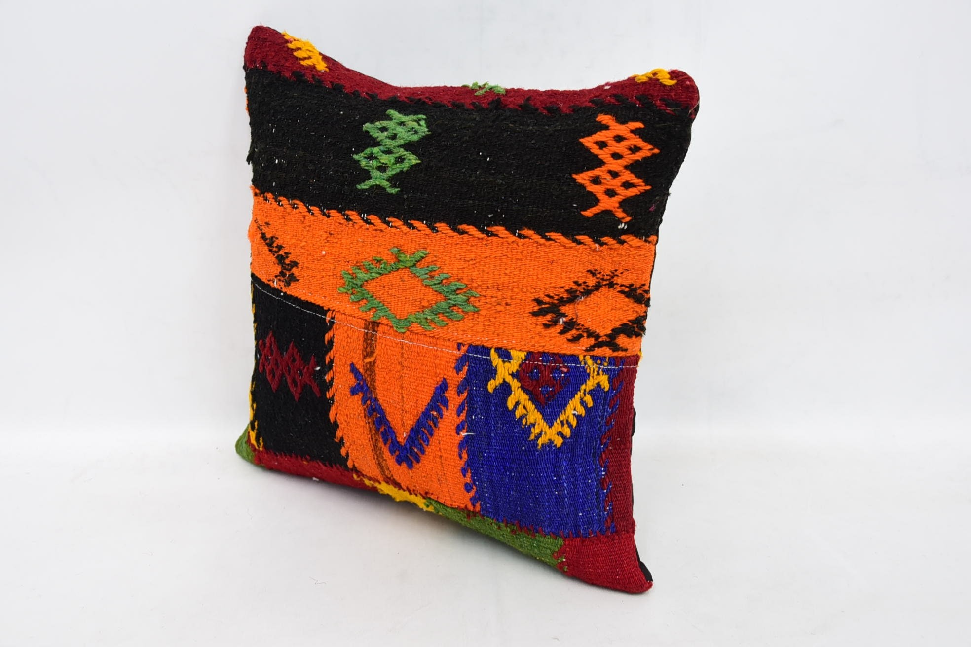 Kilim Pillow, Nautical Throw Cushion, Kilim Cushion Sham, Authentic Cushion, 16"x16" Orange Pillow Cover, Pillow for Sofa, Patio Pillow