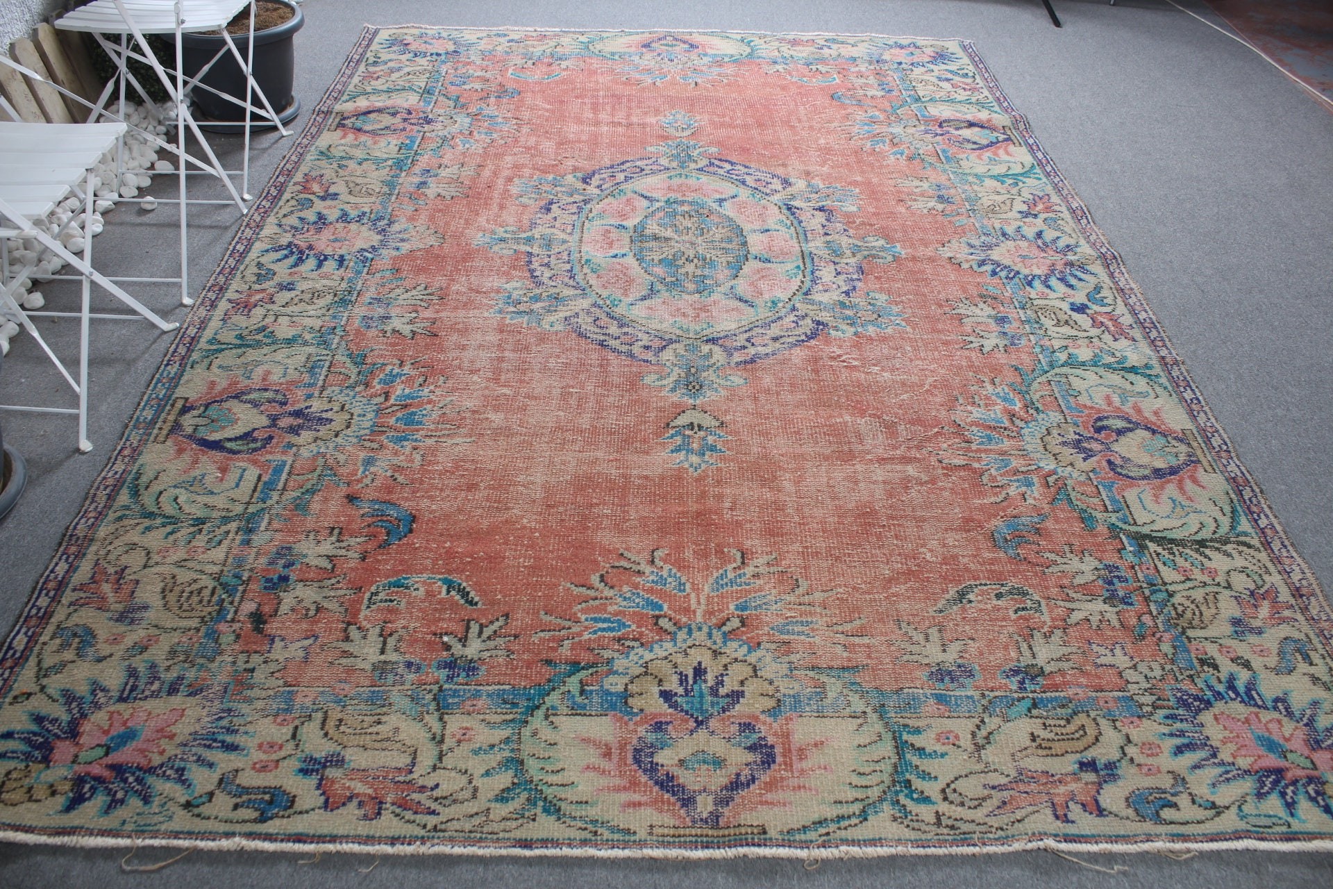 Vintage Rug, Orange Bedroom Rug, Dining Room Rug, Bedroom Rug, Turkish Rug, Salon Rug, 7.3x10.5 ft Oversize Rug, Natural Rugs, Oushak Rug