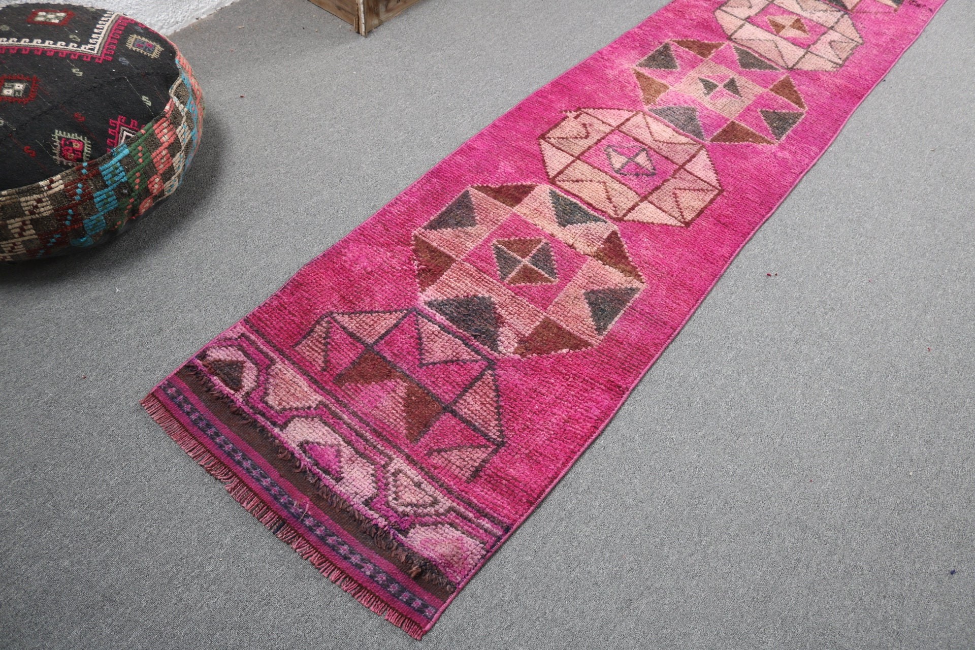 Turkish Rugs, Rugs for Runner, Wool Rug, Hallway Rugs, 2.2x12 ft Runner Rugs, Modern Rug, Corridor Rugs, Pink Cool Rug, Vintage Rug