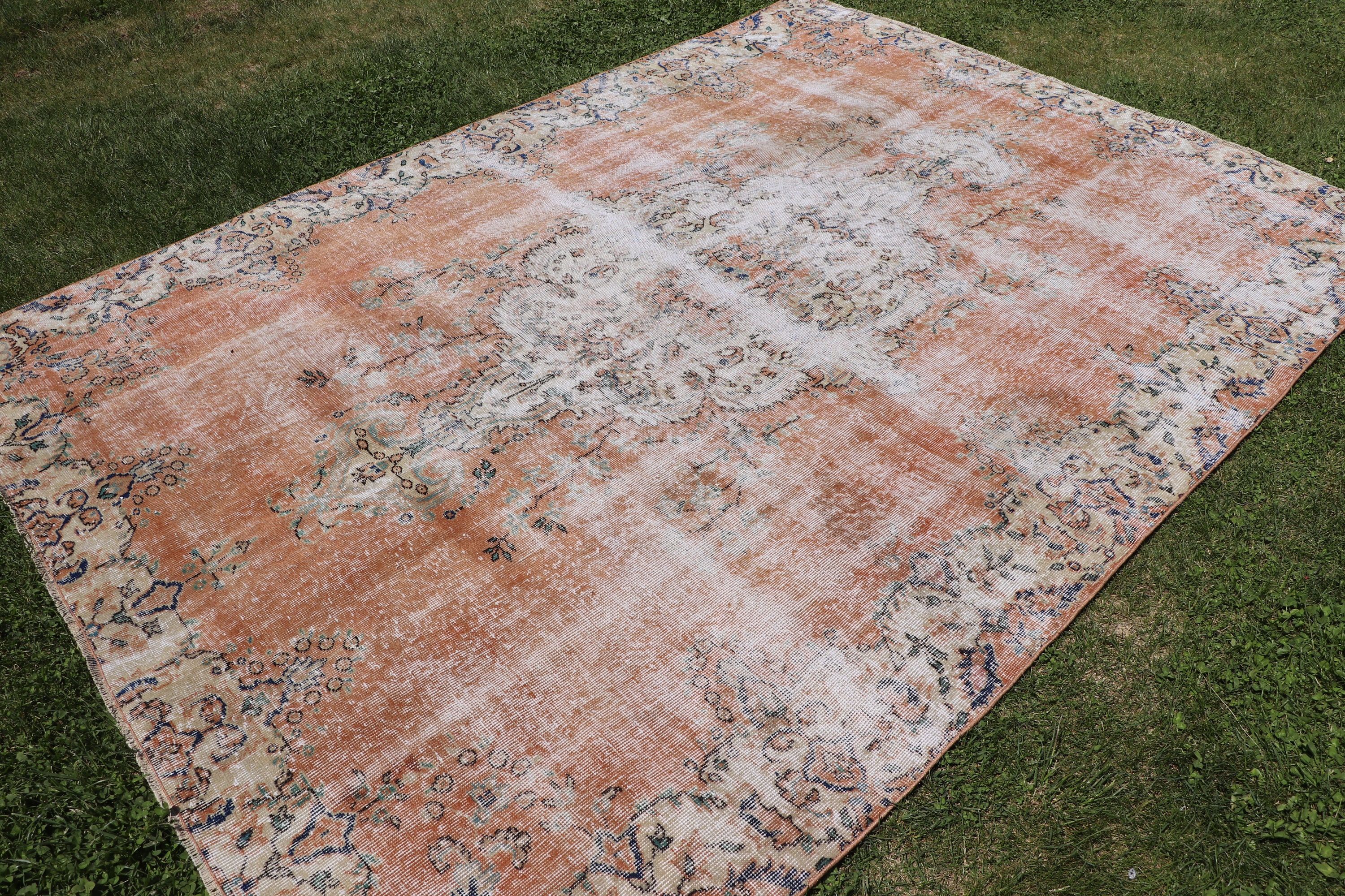 Turkish Rugs, Floor Rug, Moroccan Rug, Salon Rugs, Orange Antique Rug, Vintage Rugs, 6.7x9 ft Large Rugs, Large Oushak Rugs