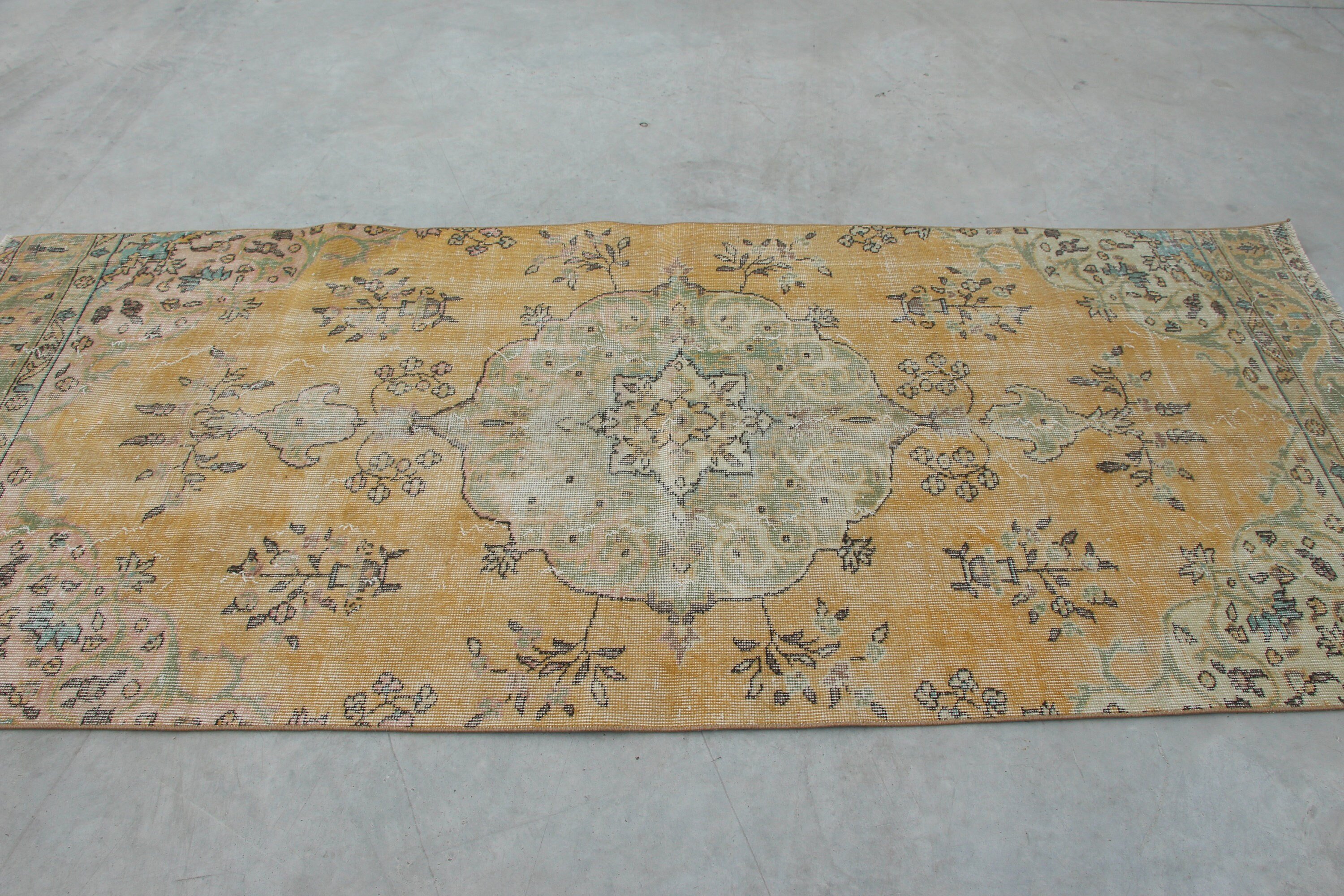 İç Mekan Halısı, Sarı Oryantal Halı, Antika Halı, Vintage Halı, 3,6x8,6 ft Alan Halısı, Yatak Odası Halısı, Türk Halısı, Yün Halısı, Yer Halıları