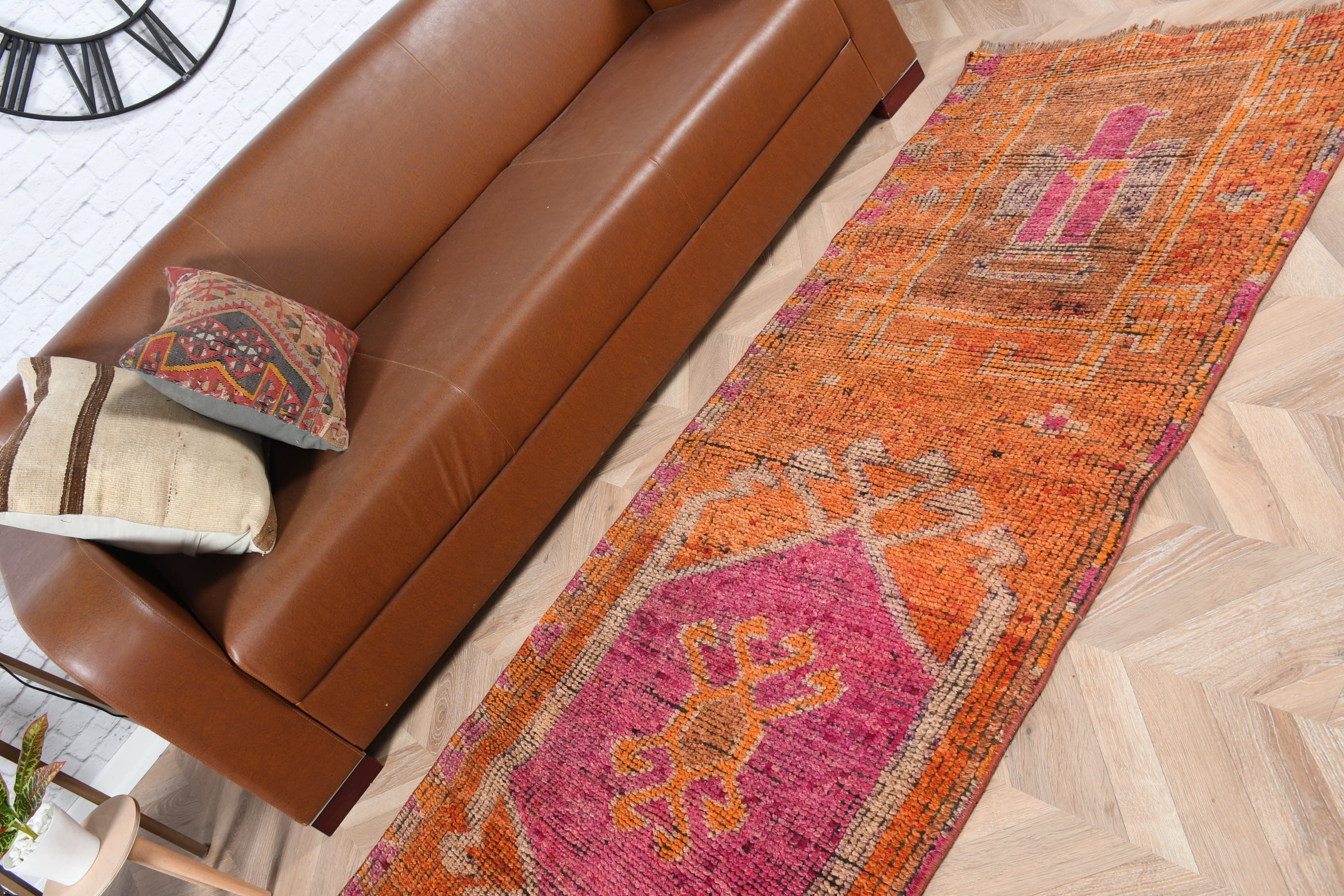 Vintage Halı, Turuncu 2.8x7.1 ft Runner Halı, Antika Halılar, Dış Mekan Halısı, Merdiven Halıları, Türk Halısı, Koridor Halısı