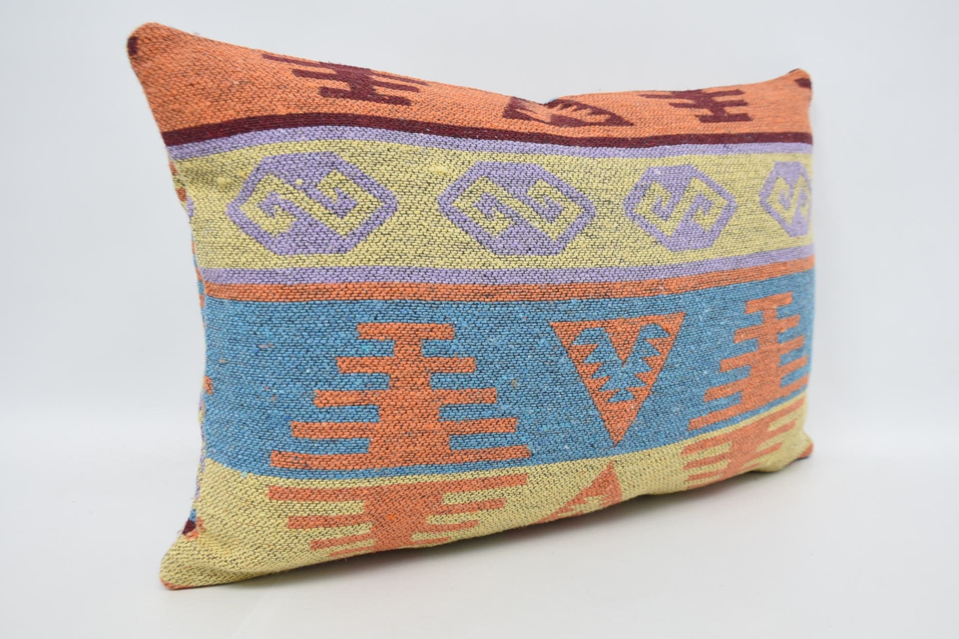 Pillow for Couch, Vintage Kilim Throw Pillow, Anatolian Pillow Case, Ethnical Kilim Rug Pillow, 16"x24" Blue Cushion Case