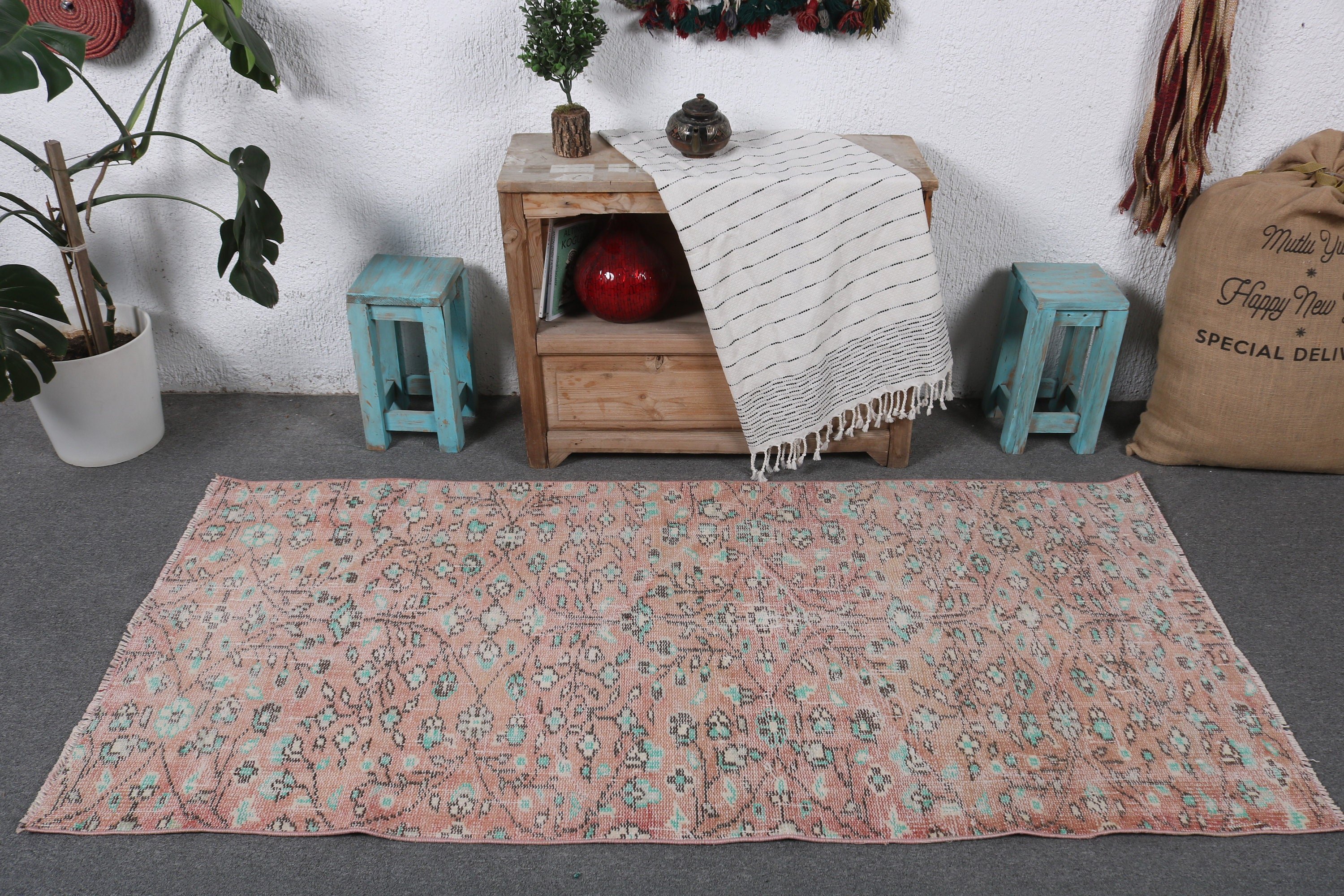 Boho Vurgulu Halı, Çocuk Odası Halıları, Türk Halısı, Pembe Yün Halı, Yer Halıları, 2,9x6,3 ft Vurgulu Halılar, Mutfak Halıları, Vintage Halı, Estetik Halı