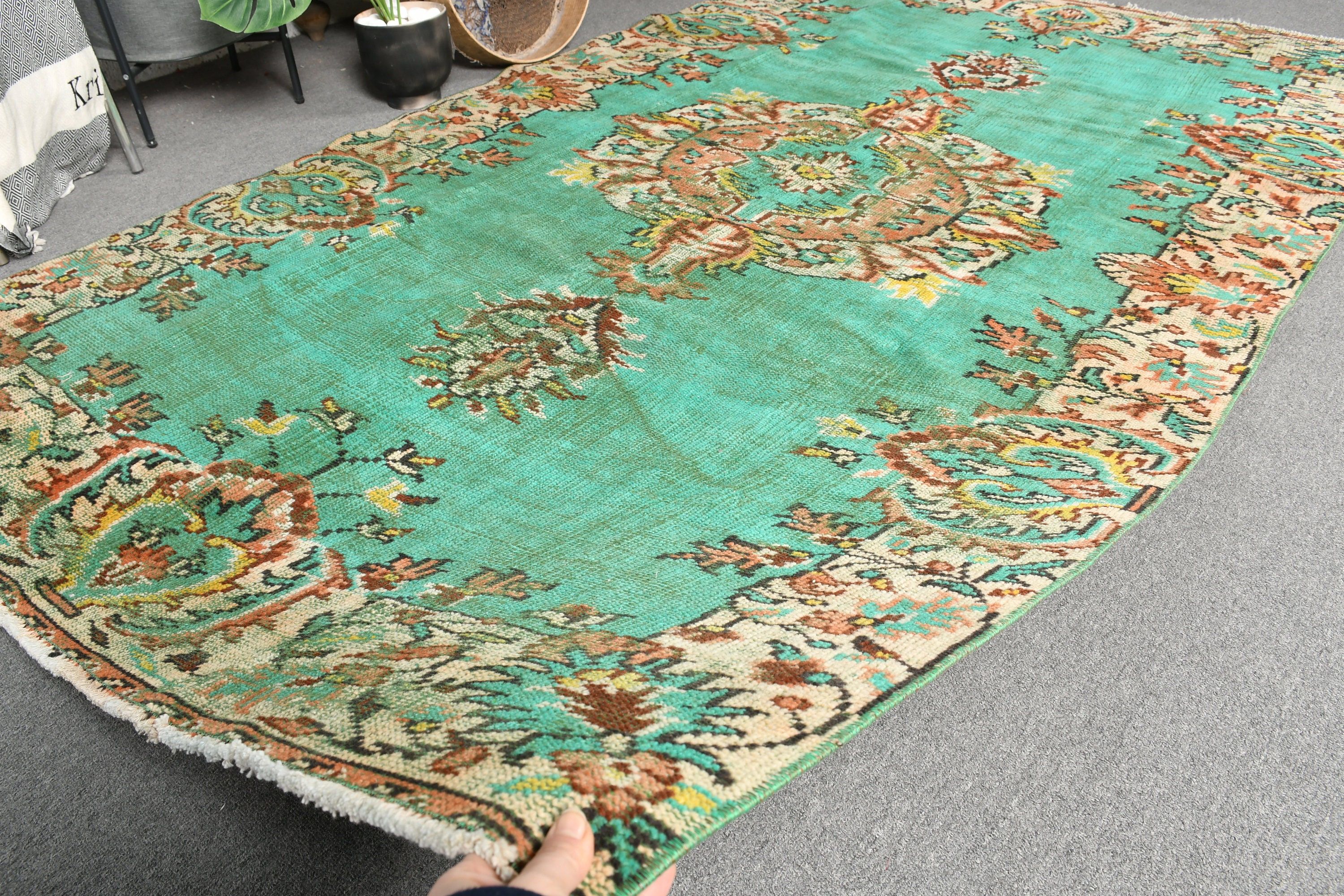 Living Room Rug, Green  4.9x8.4 ft Large Rugs, Kitchen Rugs, Wool Rug, Rugs for Salon, Turkish Rugs, Vintage Rugs, Salon Rug