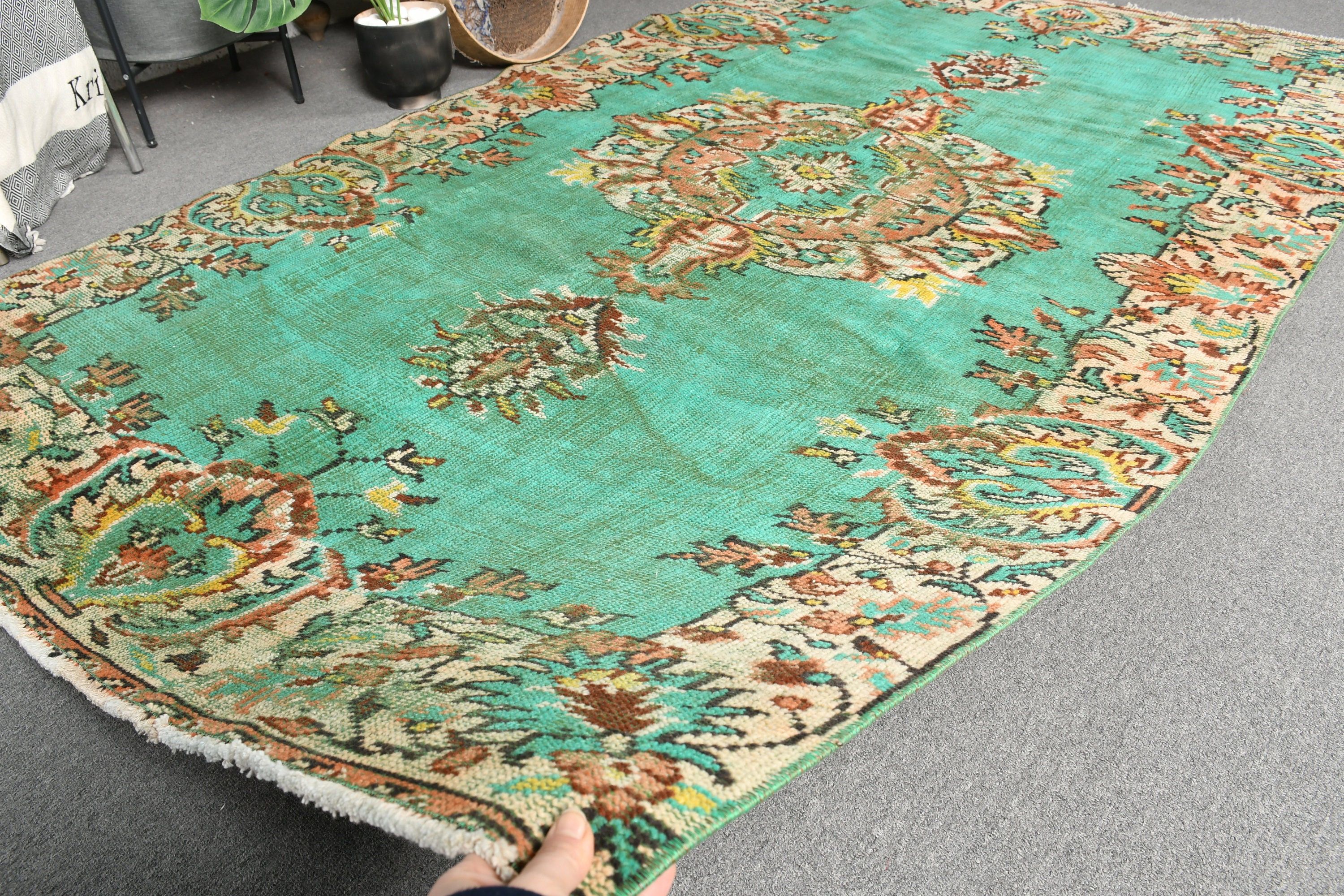 Oturma Odası Halısı, Yeşil 4.9x8.4 ft Büyük Halılar, Mutfak Halıları, Yün Halı, Salon Halıları, Türk Halıları, Vintage Halılar, Salon Halısı