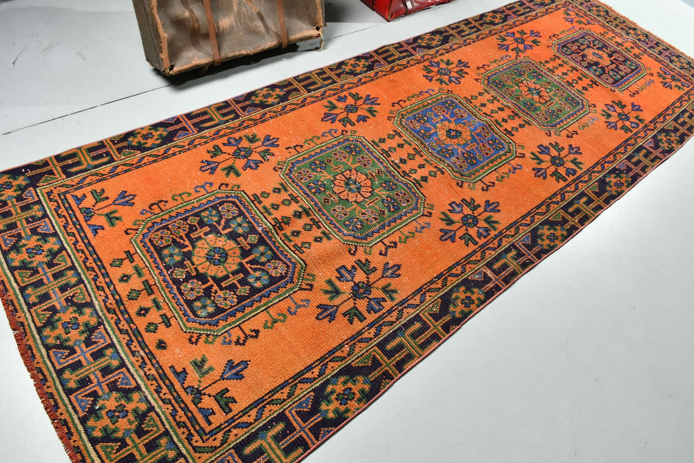 3.4x10.7 ft Runner Rug, Floor Rug, Vintage Rug, Wool Rugs, Stair Rug, Turkish Rug, Orange Oushak Rug, Kitchen Rug, Rugs for Corridor