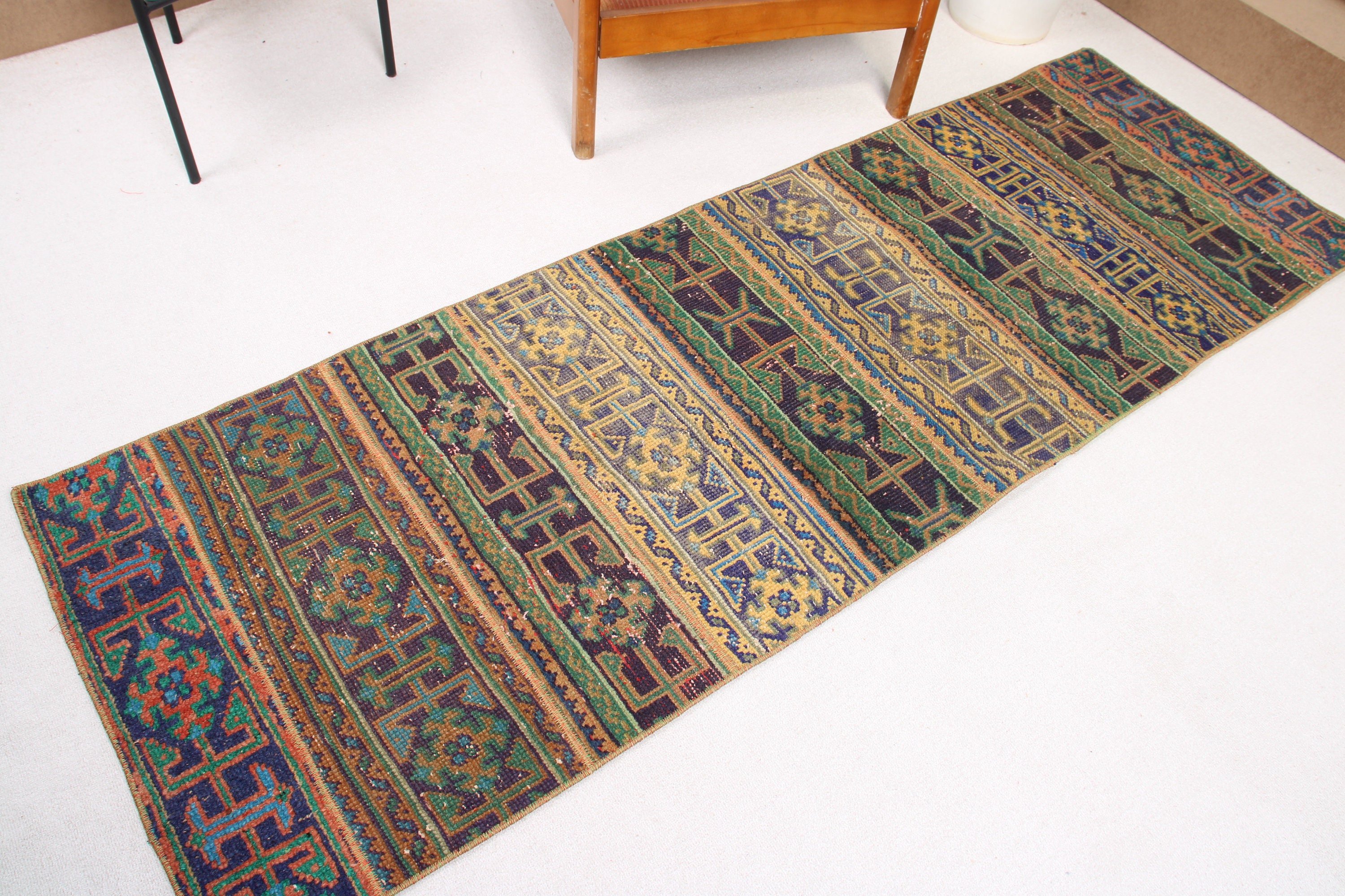 Neutral Rugs, Corridor Rugs, Vintage Rugs, Stair Rug, Turkish Rugs, Blue Floor Rug, 2.4x7.3 ft Runner Rug, Ethnic Rug, Modern Rugs