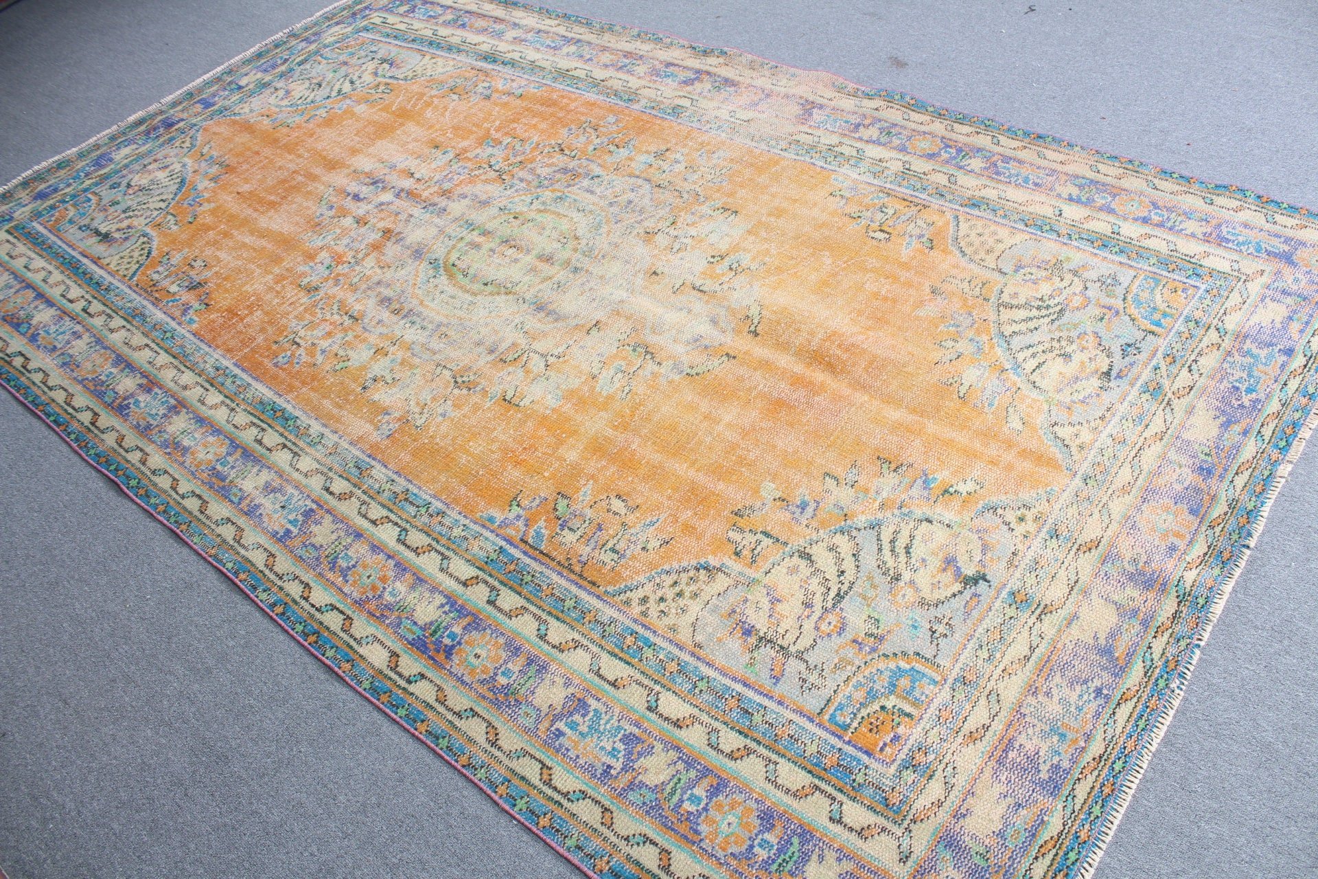 Aztek Halısı, 5.8x9.5 ft Büyük Halılar, Vintage Halı, Oushak Halıları, Fas Halısı, Oturma Odası Halısı, Salon Halısı, Turuncu Ev Dekor Halısı, Türk Halıları