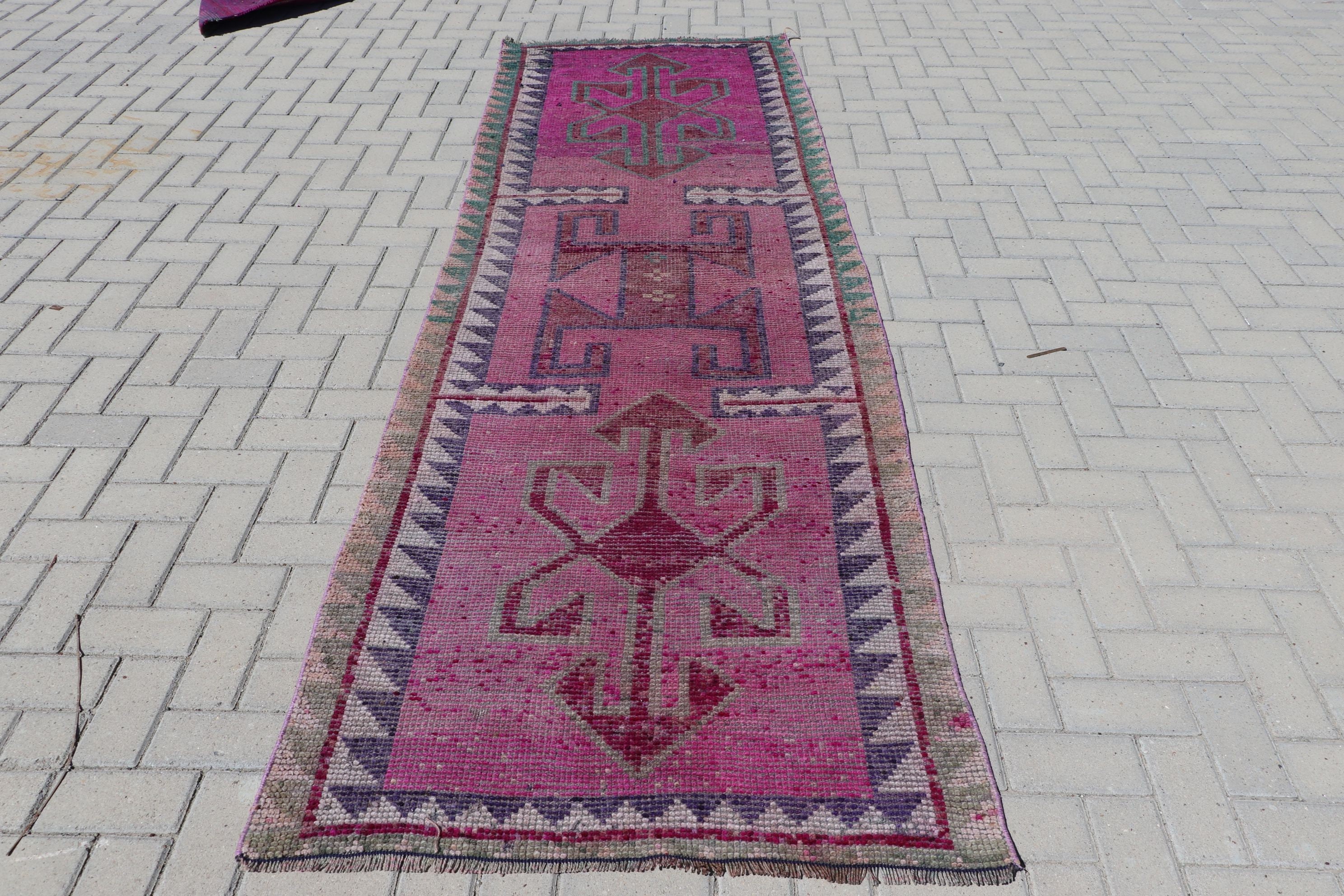 Turkish Rugs, Purple Wool Rug, Hallway Rug, Vintage Rug, 3.4x10.3 ft Runner Rugs, Oriental Rug, Muted Rug, Corridor Rug, Kitchen Rug
