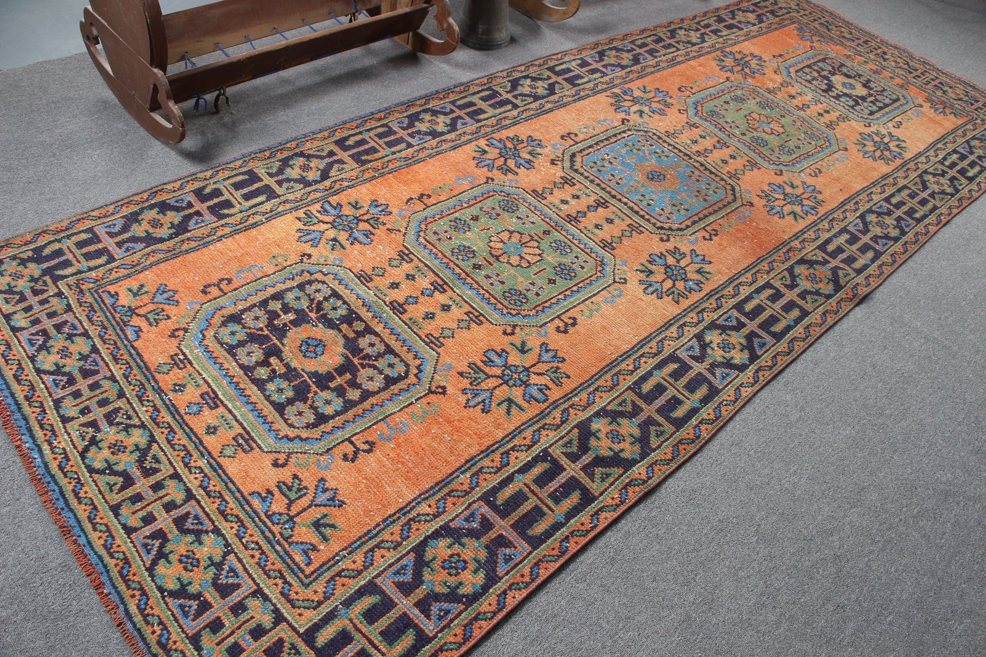 Turkish Rug, 4.3x11.6 ft Runner Rug, Home Decor Rug, Abstract Rug, Rugs for Hallway, Moroccan Rugs, Vintage Rug, Orange Kitchen Rug