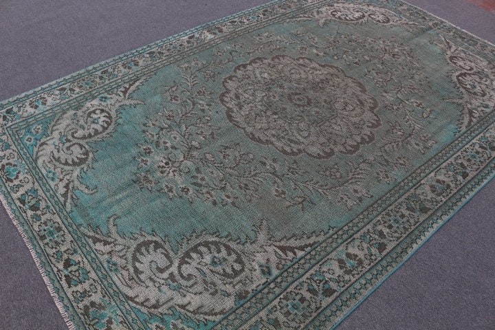 Yeşil 5.9x9.3 ft Büyük Halı, Düz Dokuma Halı, Vintage Halı, Oturma Odası Halısı, Havalı Halılar, Türk Halısı, Oushak Halısı, Yemek Odası Halısı