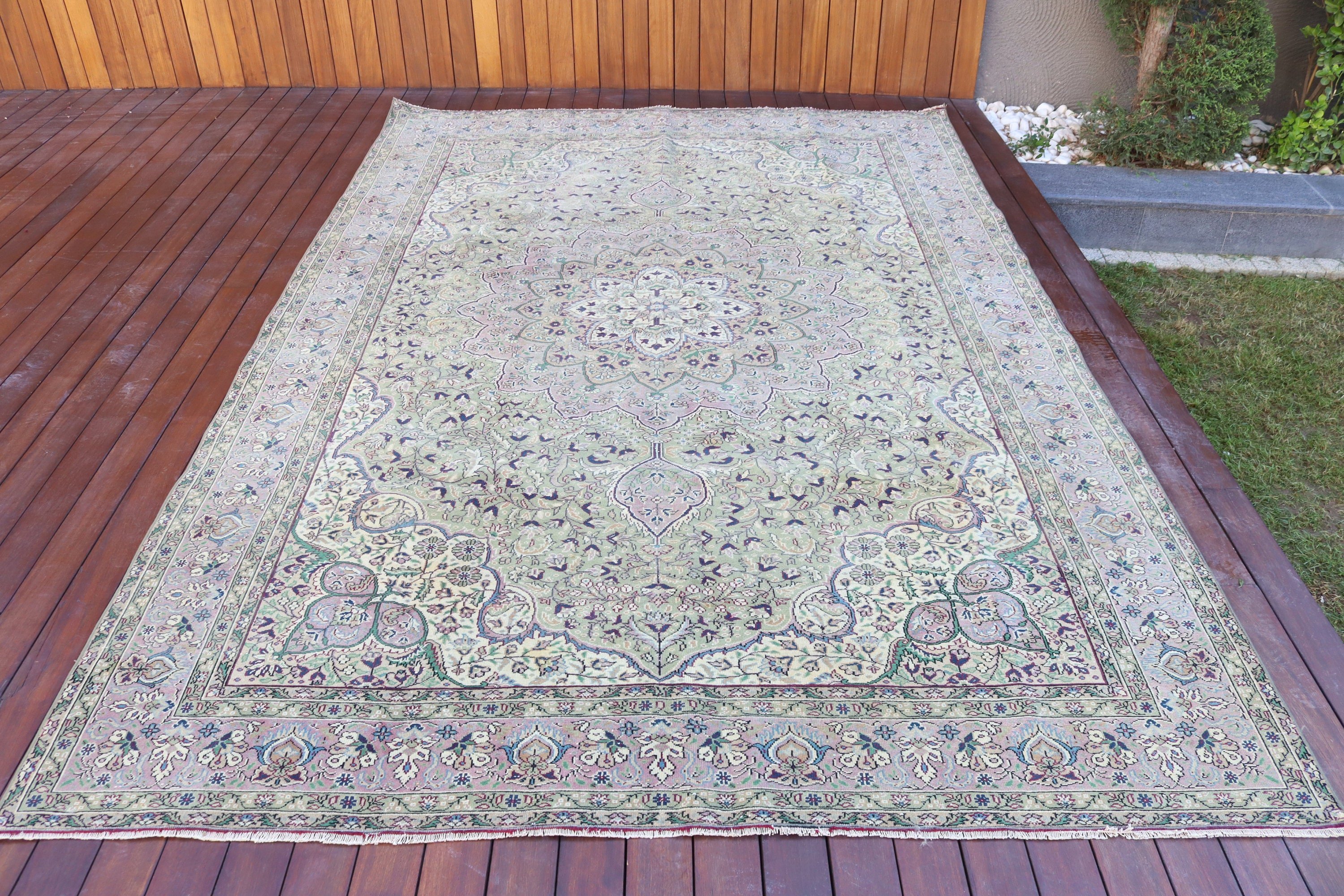 Large Boho Rug, Turkish Rug, Large Oushak Rug, Aztec Rug, Cool Rug, Handwoven Rugs, Vintage Rugs, Green Neutral Rugs, 6.5x9.8 ft Large Rugs