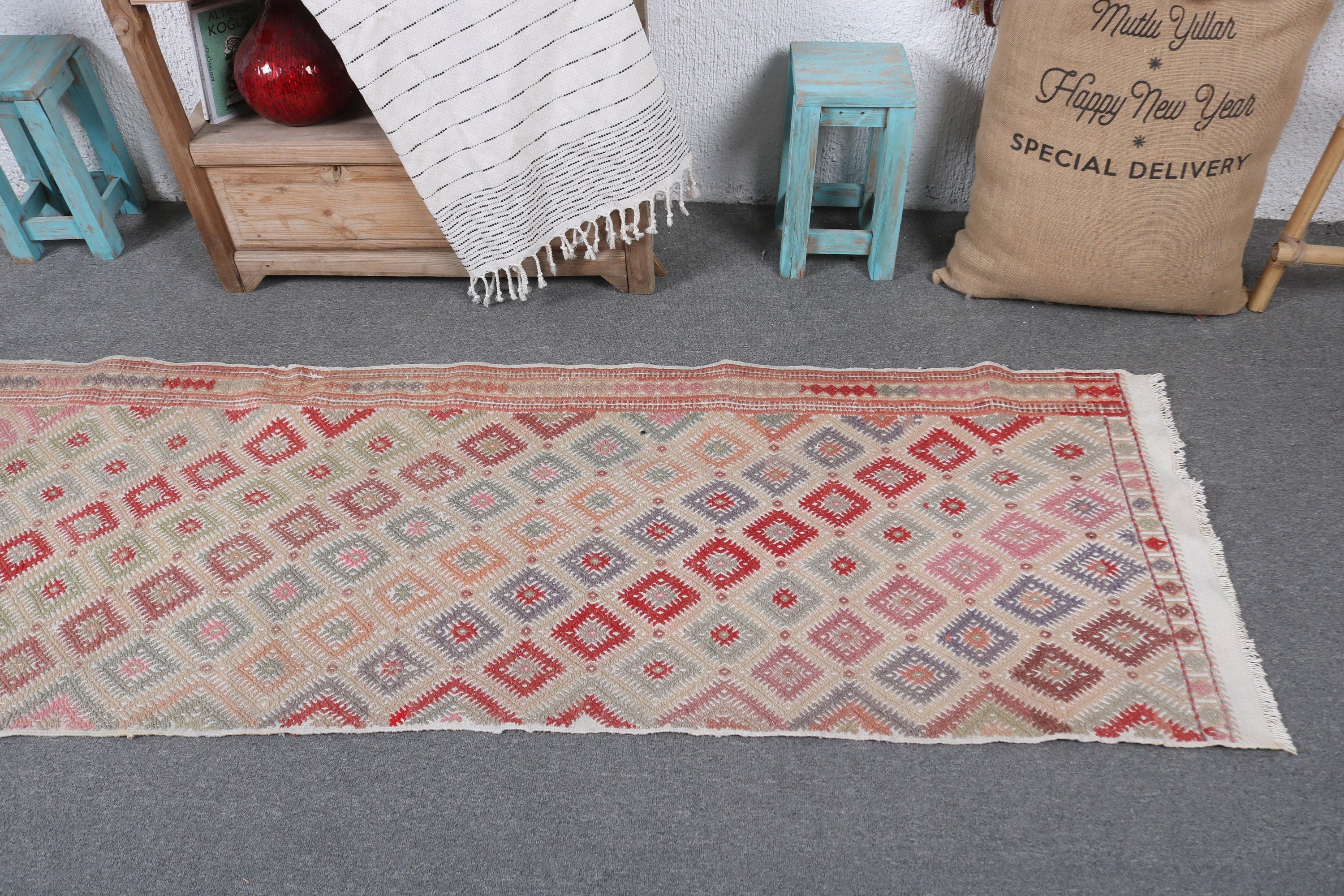 Turkish Rugs, Beni Ourain Runner Rugs, Modern Rug, 2.4x9.3 ft Runner Rugs, Orange Flatweave Rugs, Vintage Rug, Kilim, Neutral Rugs