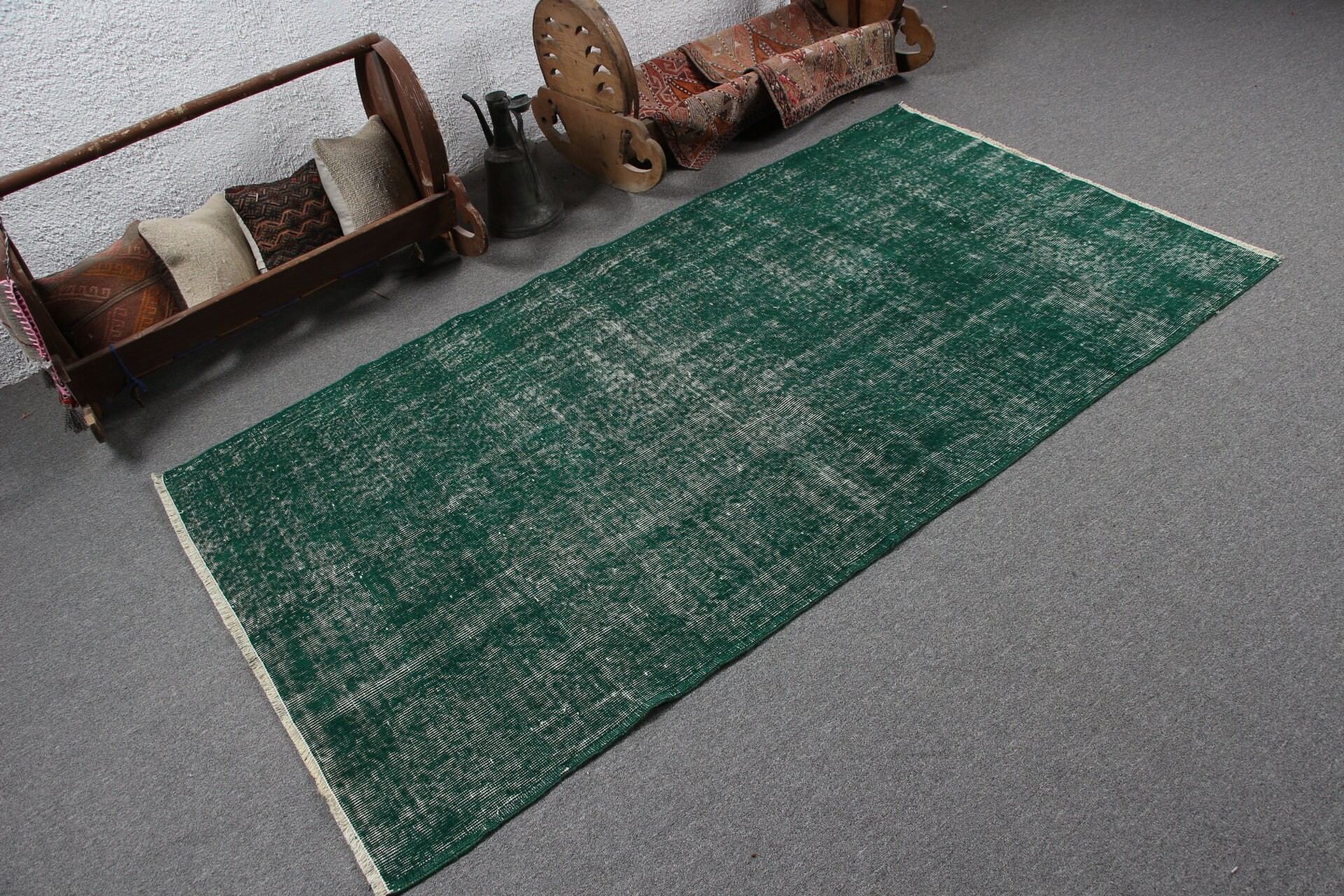 Yemek Odası Halısı, Yeşil 3.7x6.9 ft Alan Halıları, Ev Dekorasyonu Halısı, Eski Halı, Çocuk Odası Halısı, Vintage Halı, Oushak Halısı, Türk Halısı