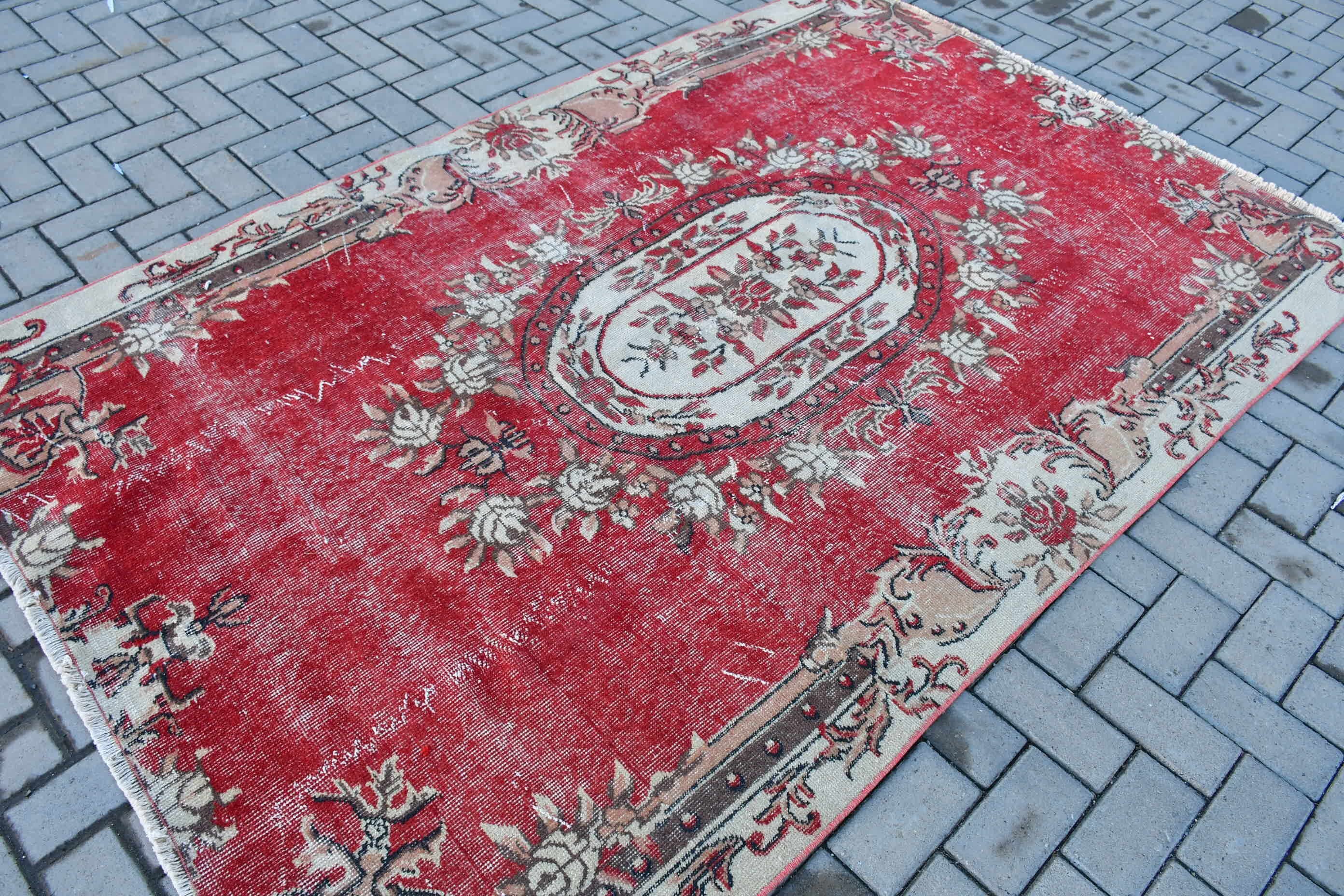 Kırmızı Oryantal Halı, Yatak Odası Halısı, Türk Halısı, Yün Halıları, Yatak Odası Halıları, 5.2x7.9 ft Büyük Halı, Vintage Halılar, Salon Halısı, Fas Halıları