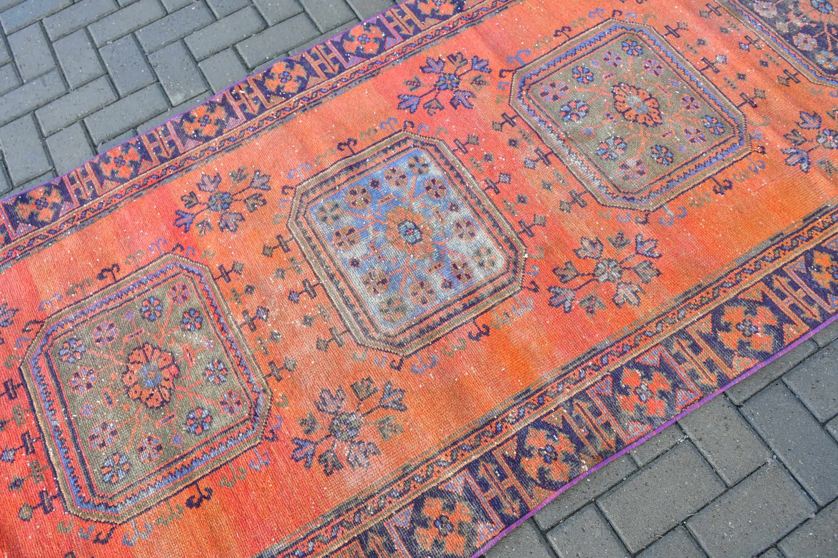 Rugs for Kitchen, Turkish Rugs, Stair Rug, Orange  3.8x11.2 ft Runner Rugs, Wool Rug, Vintage Rugs, Corridor Rugs, Cool Rugs