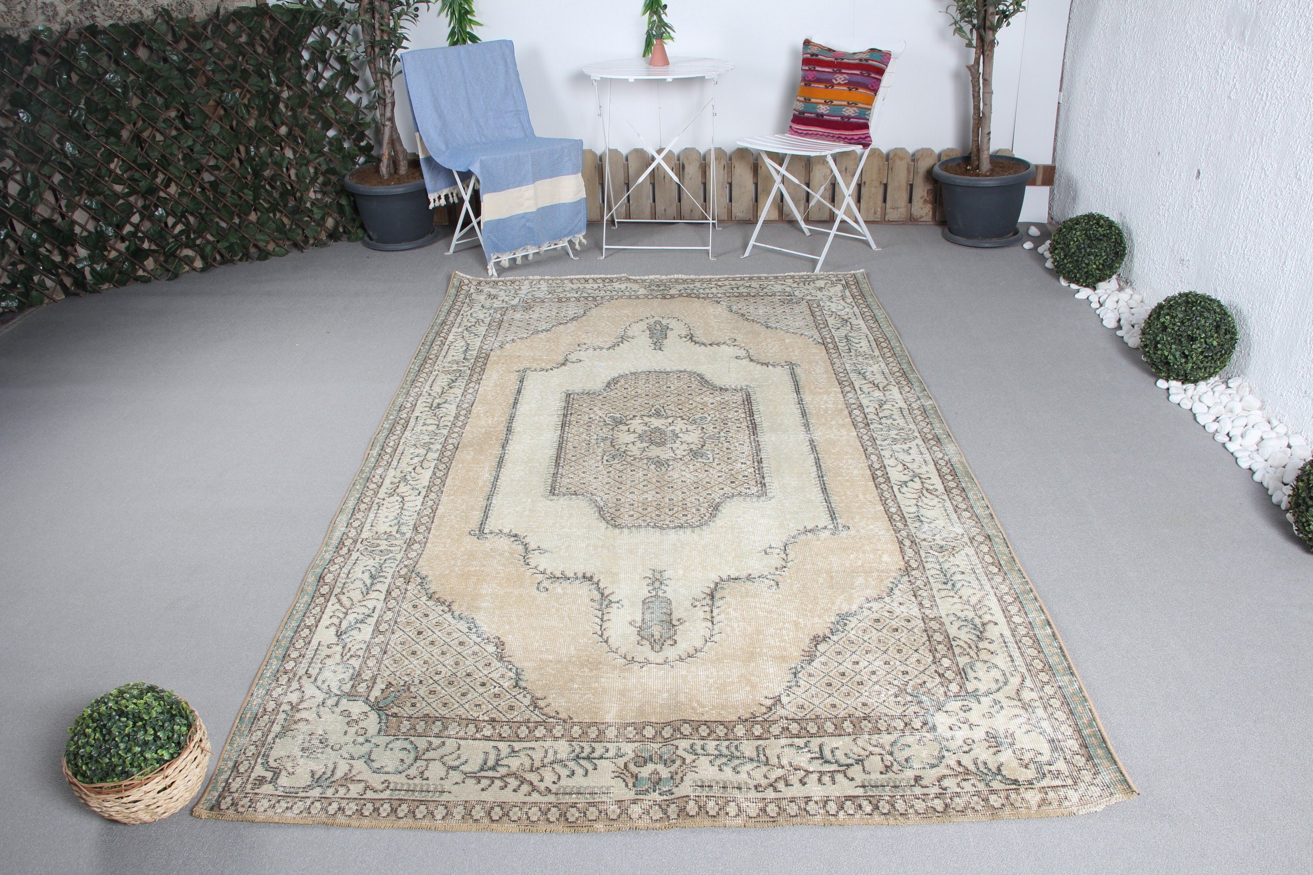 5.2x8.7 ft Büyük Halı, Salon Halıları, Vintage Halı, Fas Halısı, El Düğümlü Halı, Türk Halıları, Bej Oushak Halısı, Havalı Halılar, Yemek Odası Halısı