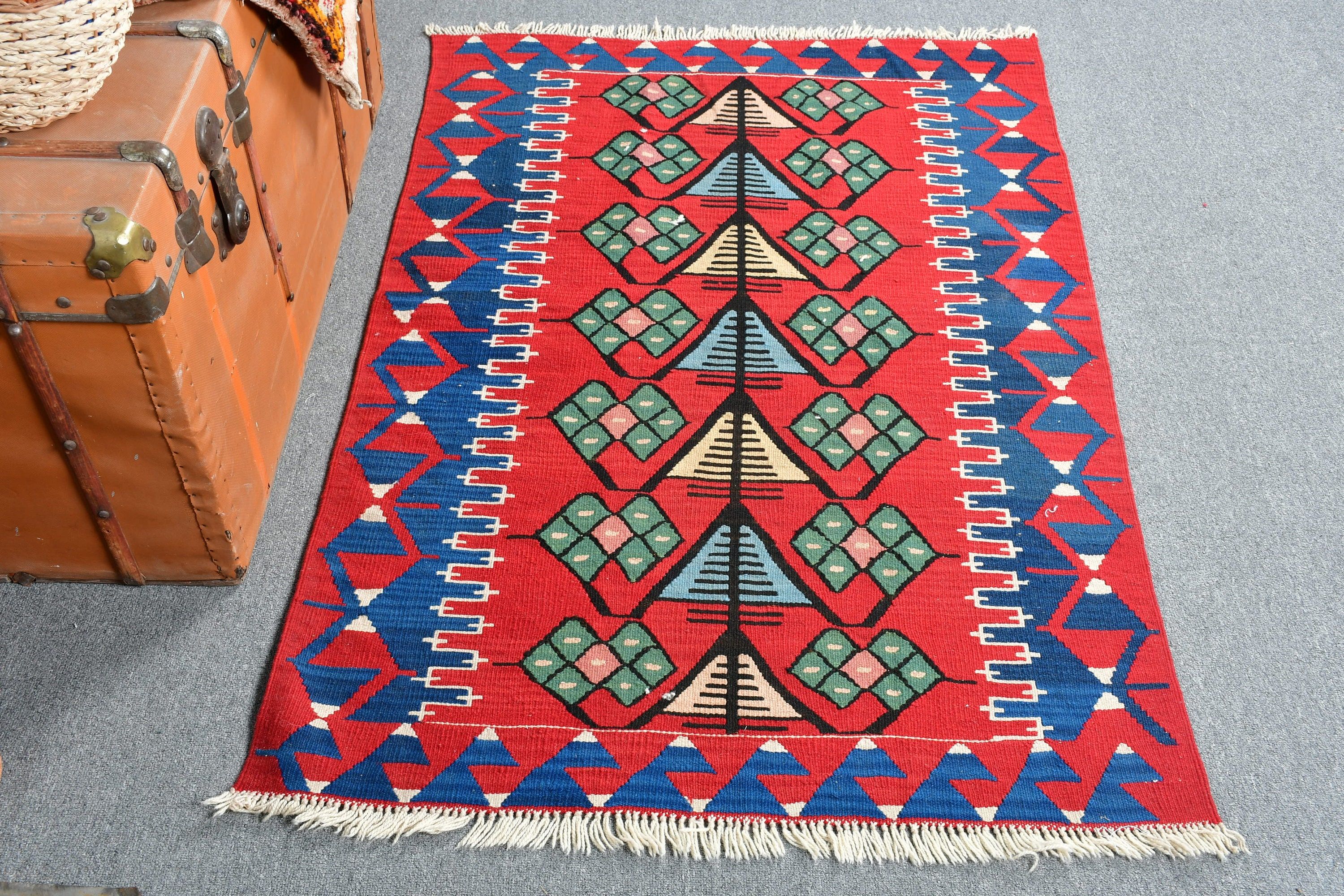 Vintage Rug, Car Mat Rug, Home Decor Rug, Eclectic Rugs, 3.2x4.6 ft Small Rug, Turkish Rug, Red Cool Rugs, Floor Rug, Bathroom Rugs, Kilim