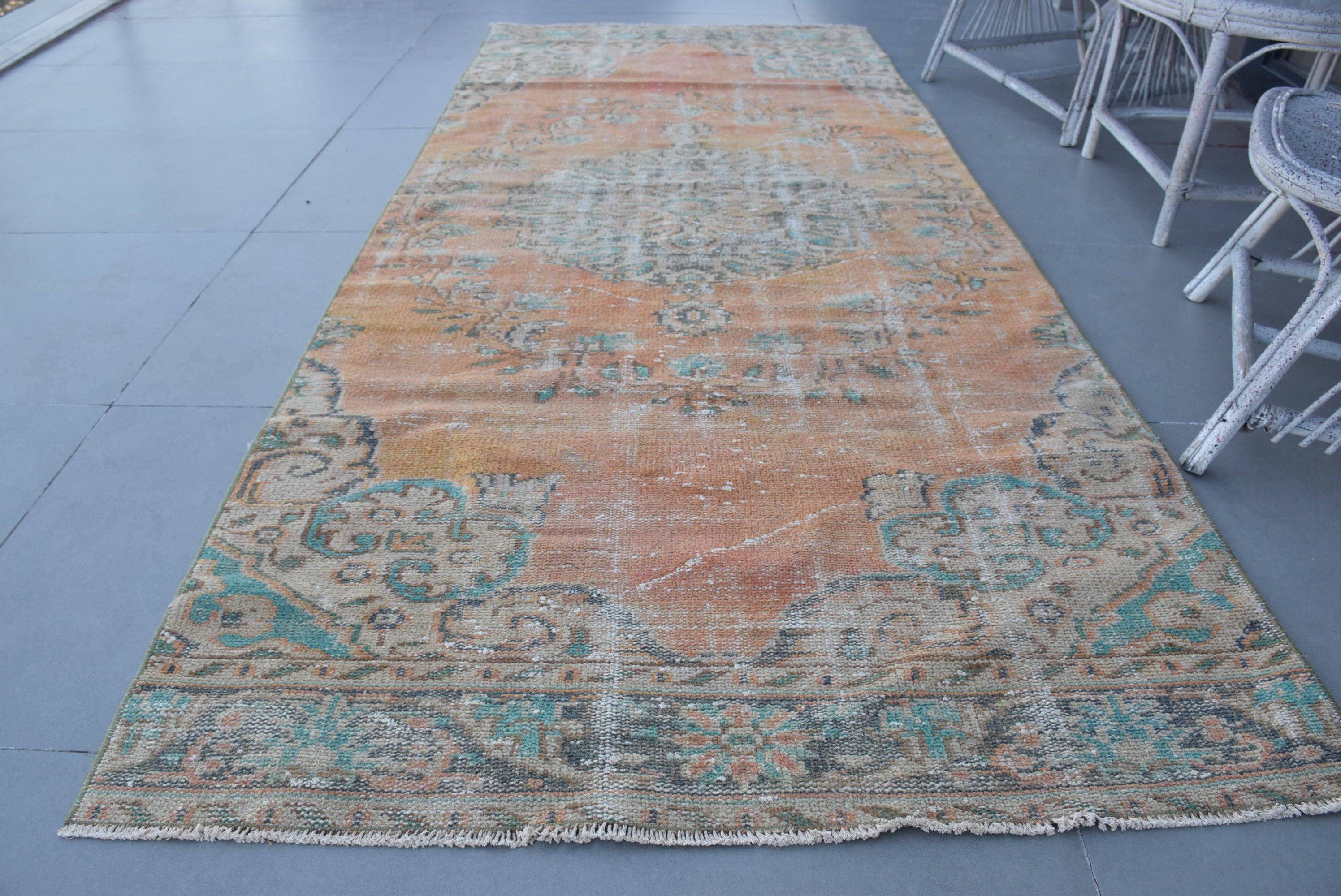 Türk Halıları, Yer Halıları, 4x9,4 ft Alan Halısı, Çocuk Halıları, Oushak Halısı, İç Mekan Halıları, Oturma Odası Halısı, Vintage Halı, Yeşil Oryantal Halı