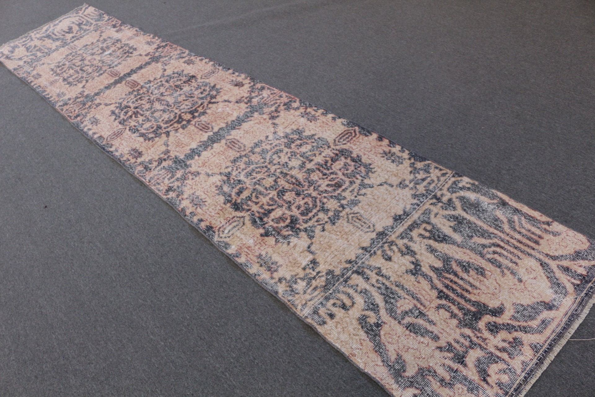 Koridor Halıları, Bej Oushak Halısı, Türk Halısı, Eski Halı, Oryantal Halı, Vintage Halı, Yün Halı, Koridor Halıları, 2,7x12,8 ft Yolluk Halıları