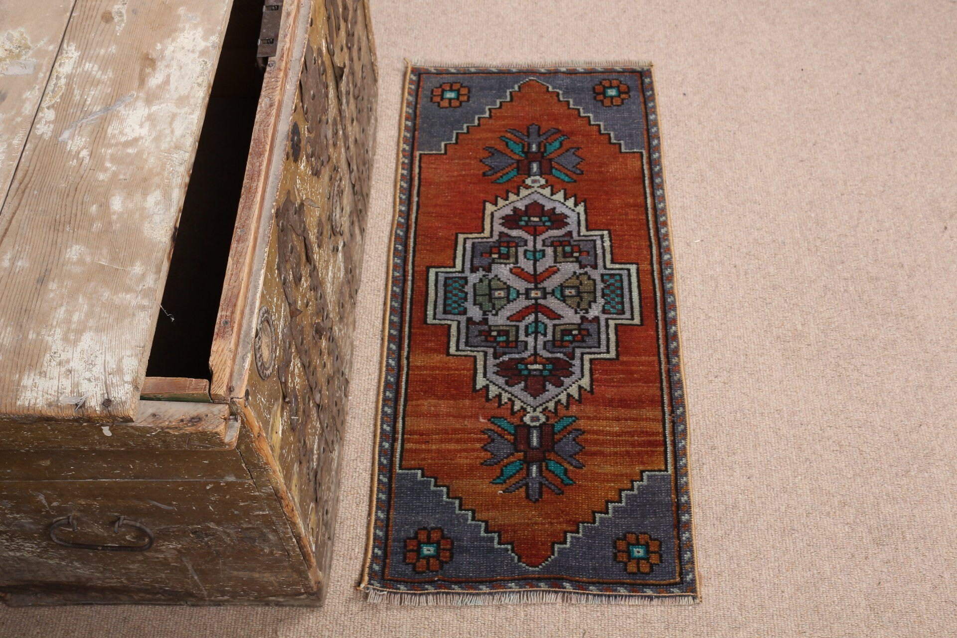 Vintage Halı, 1.2x2.7 ft Küçük Halı, Düz Dokuma Halı, Soğuk Halılar, Araba Paspas Halısı, Ev Dekor Halısı, Türk Halısı, Çocuk Halıları, Turuncu Fas Halısı