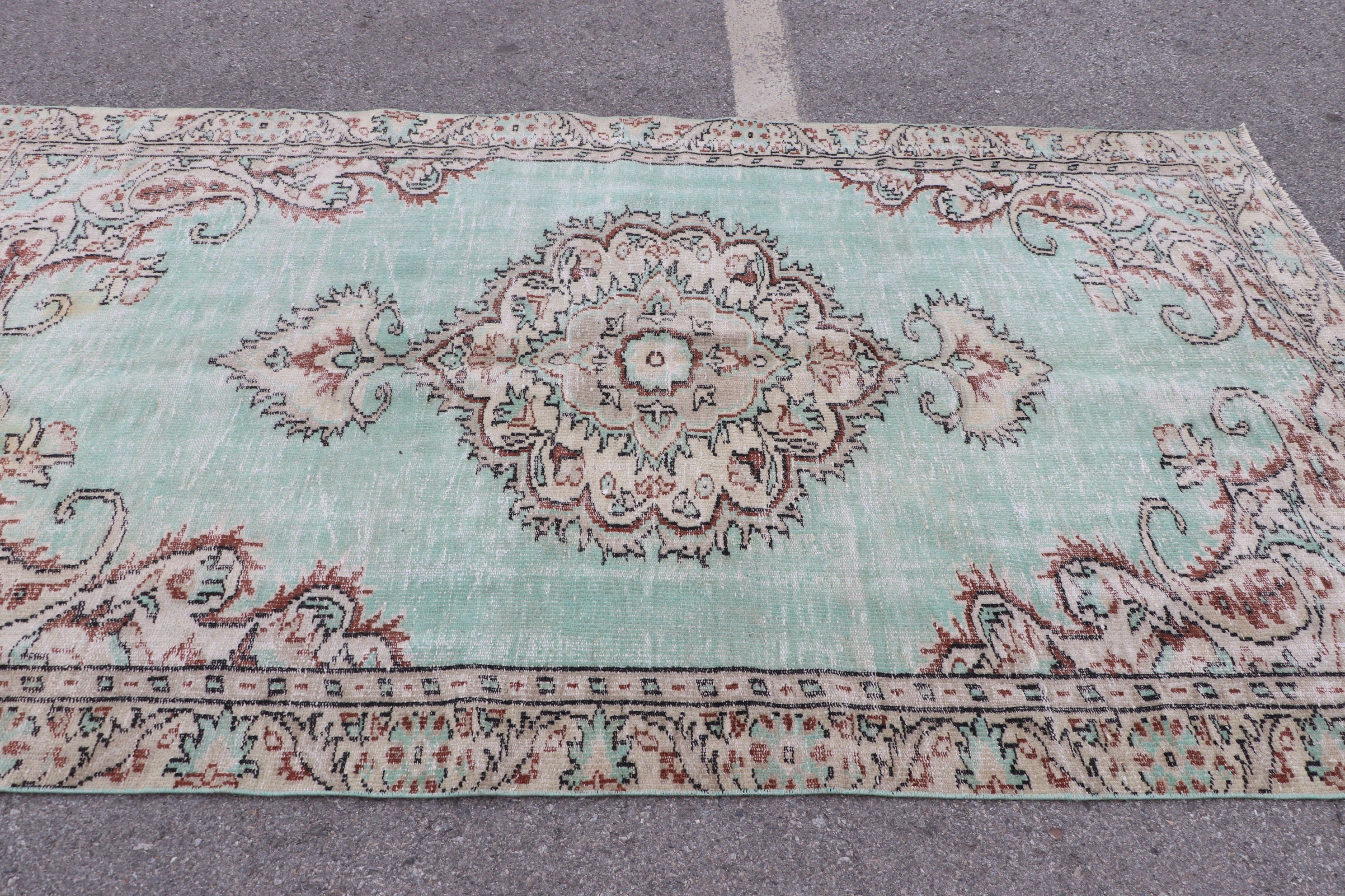 Türk Halısı, Salon Halıları, Yemek Odası Halısı, Yatak Odası Halıları, Vintage Halı, 5.5x9.5 ft Büyük Halı, Yeşil Oushak Halıları, Yün Halı