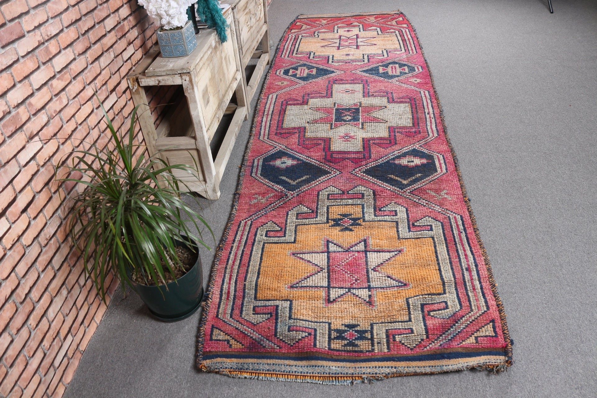 Antique Rug, Vintage Rugs, Pink Wool Rug, 3.4x11.8 ft Runner Rug, Kitchen Rugs, Moroccan Rug, Stair Rug, Rugs for Stair, Turkish Rug