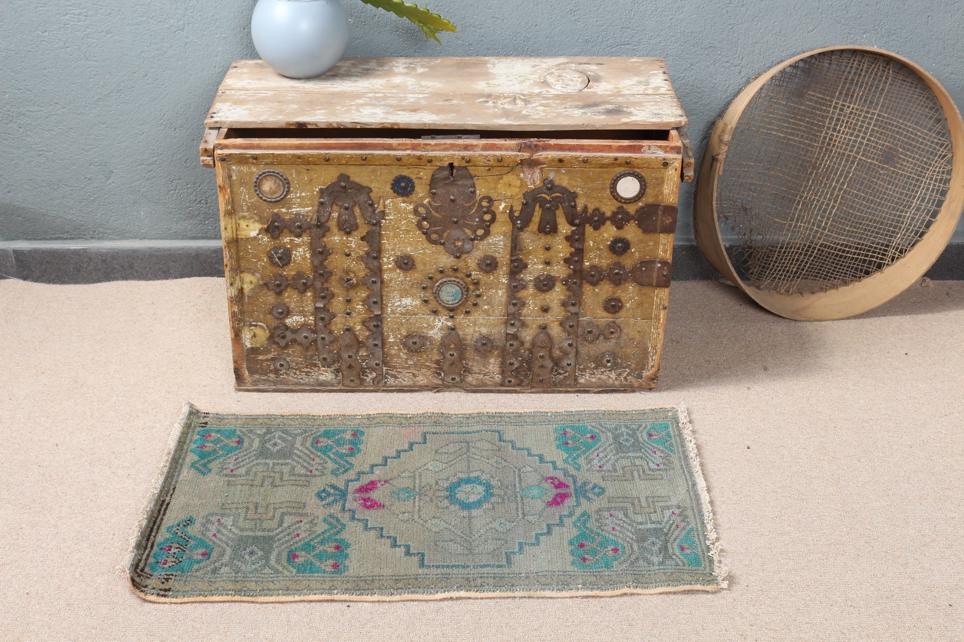 Yeşil Yatak Odası Halısı, 1.6x3 ft Küçük Halı, Vintage Halı, Türk Halısı, Mutfak Halısı, Banyo Halısı, Duvara Asılı Halılar, Sanat Halısı