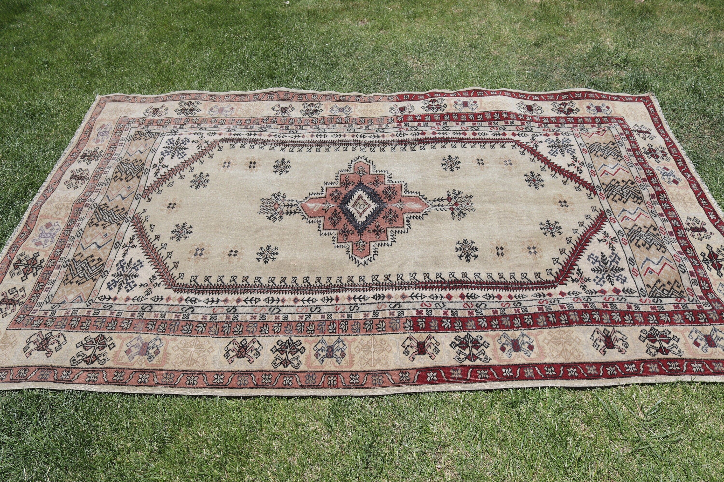 4.5x7.4 ft Area Rug, Oushak Area Rugs, Statement Rugs, Vintage Rug, Turkish Rug, Living Room Rug, Moroccan Rug, Beige Geometric Rug